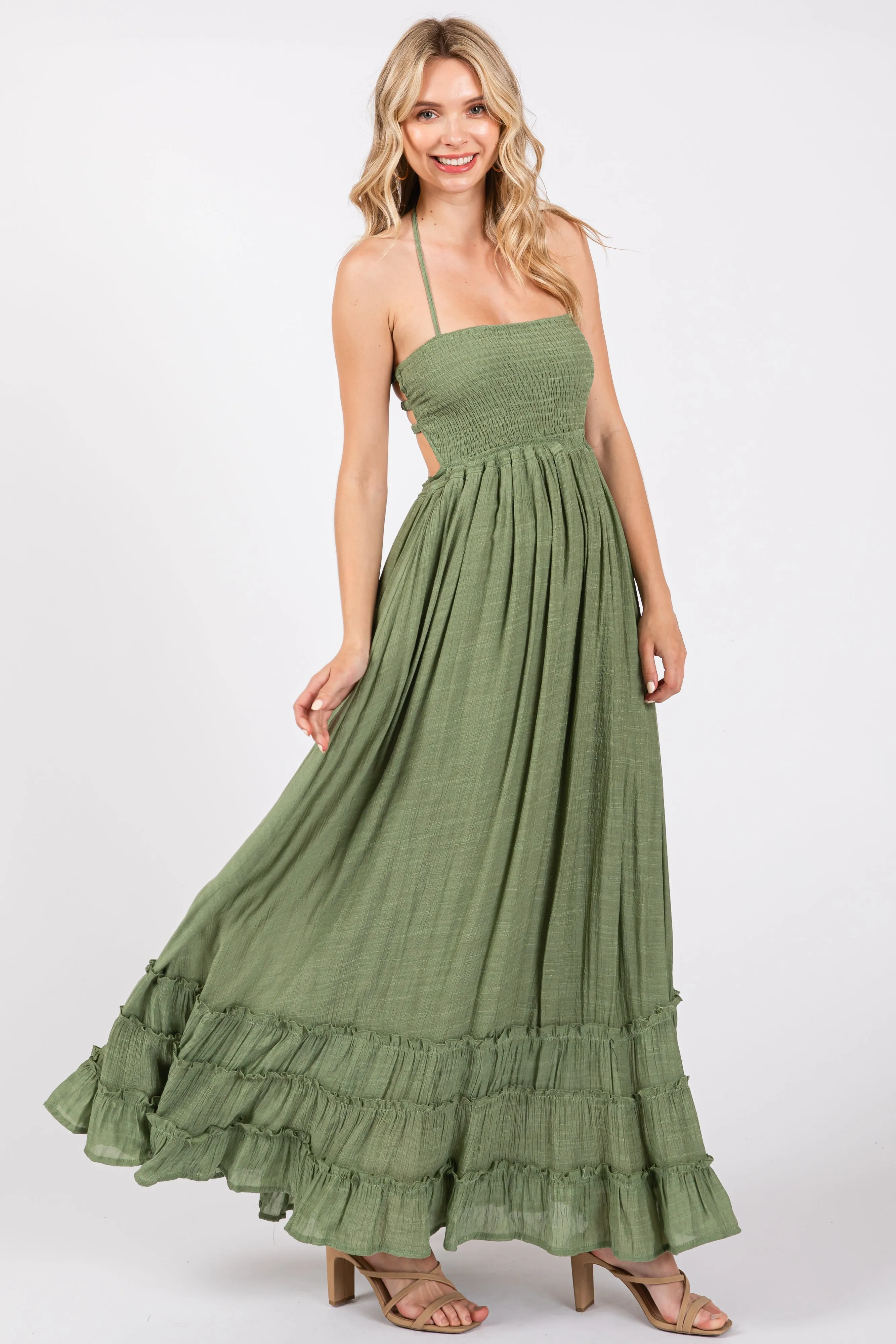 Olive Smocked Halter Cutout Maxi Dress sold by Pinkblush product image thumbnail 2