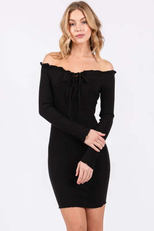 Black Ruffle Off Shoulder Fitted Mini Dress sold by Pinkblush