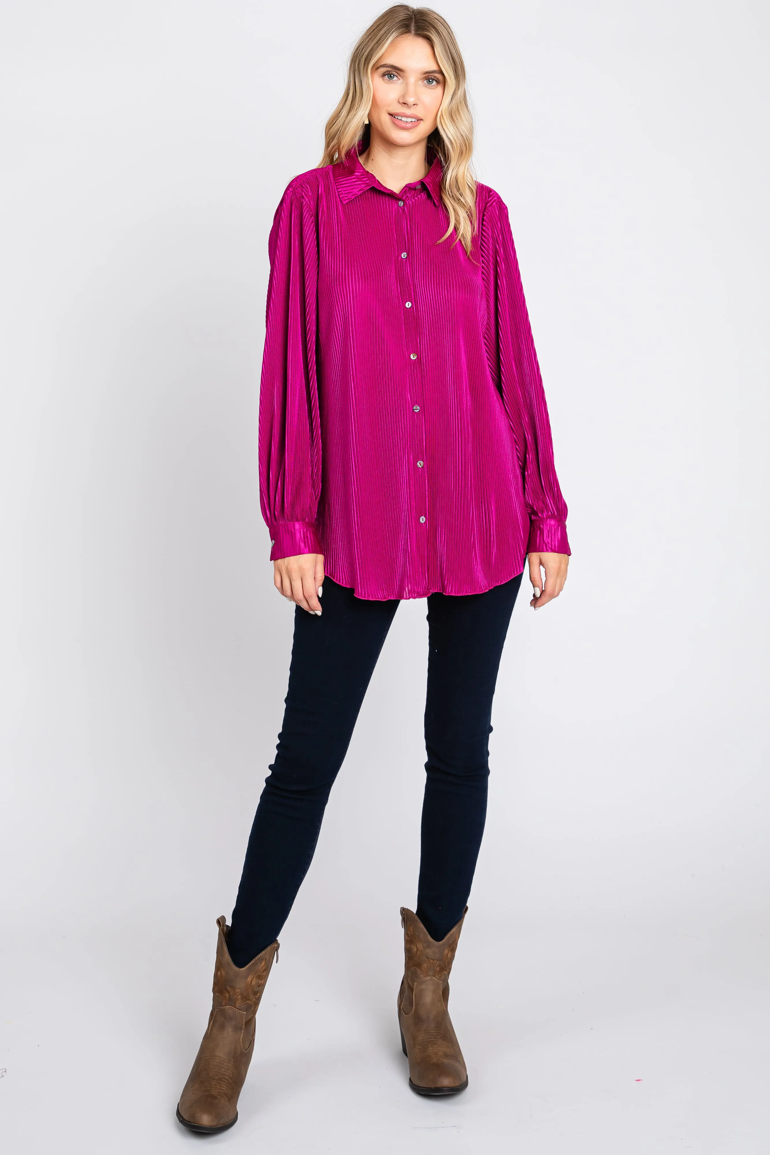 Magenta Plisse Button Up Long Sleeve Top sold by Pinkblush product image thumbnail 4