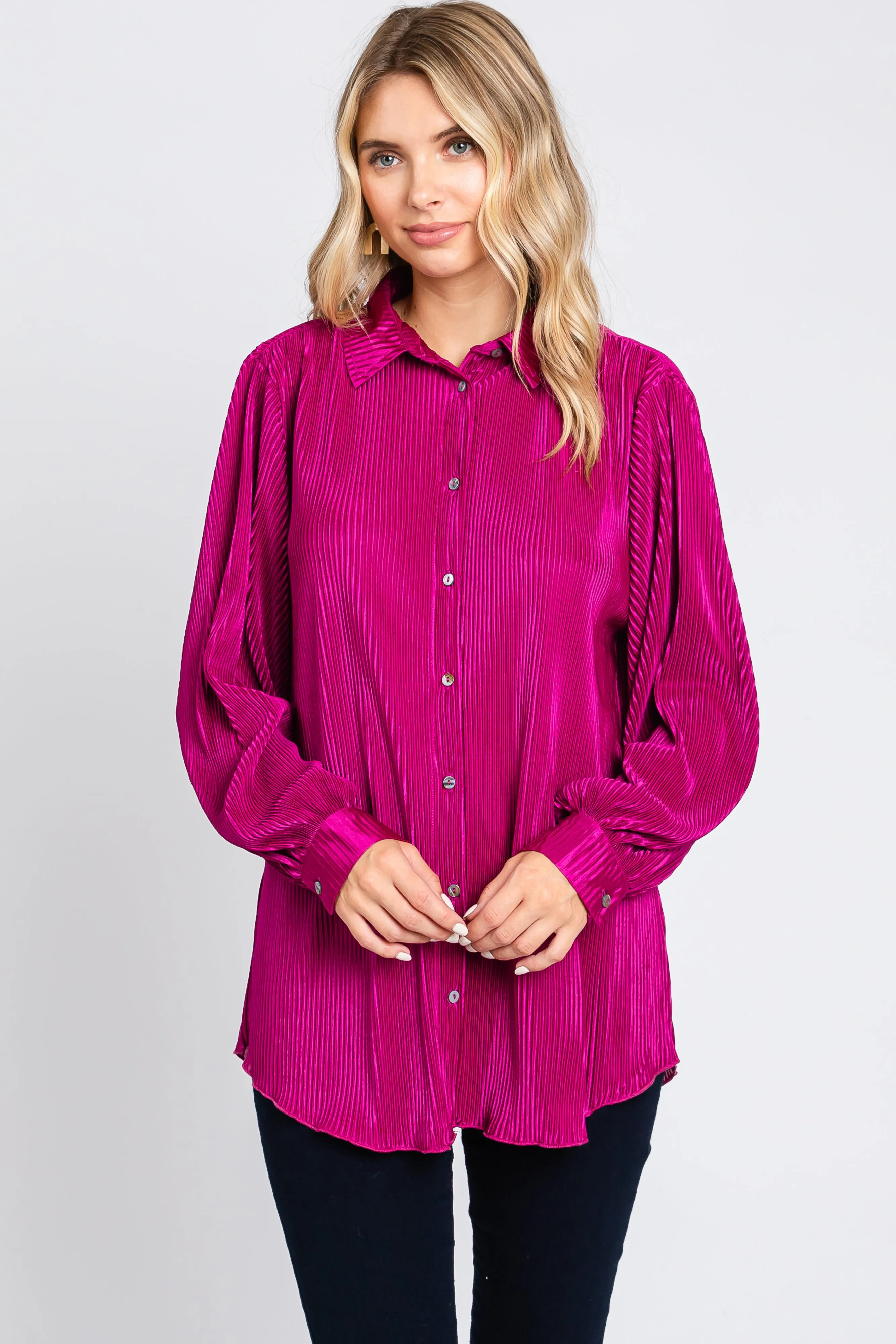 Magenta Plisse Button Up Long Sleeve Top sold by Pinkblush