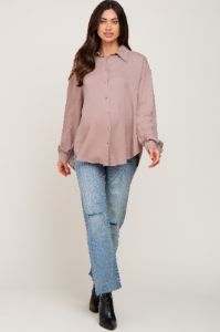 Mocha Oversized Button Down Maternity Blouse sold by Pinkblush