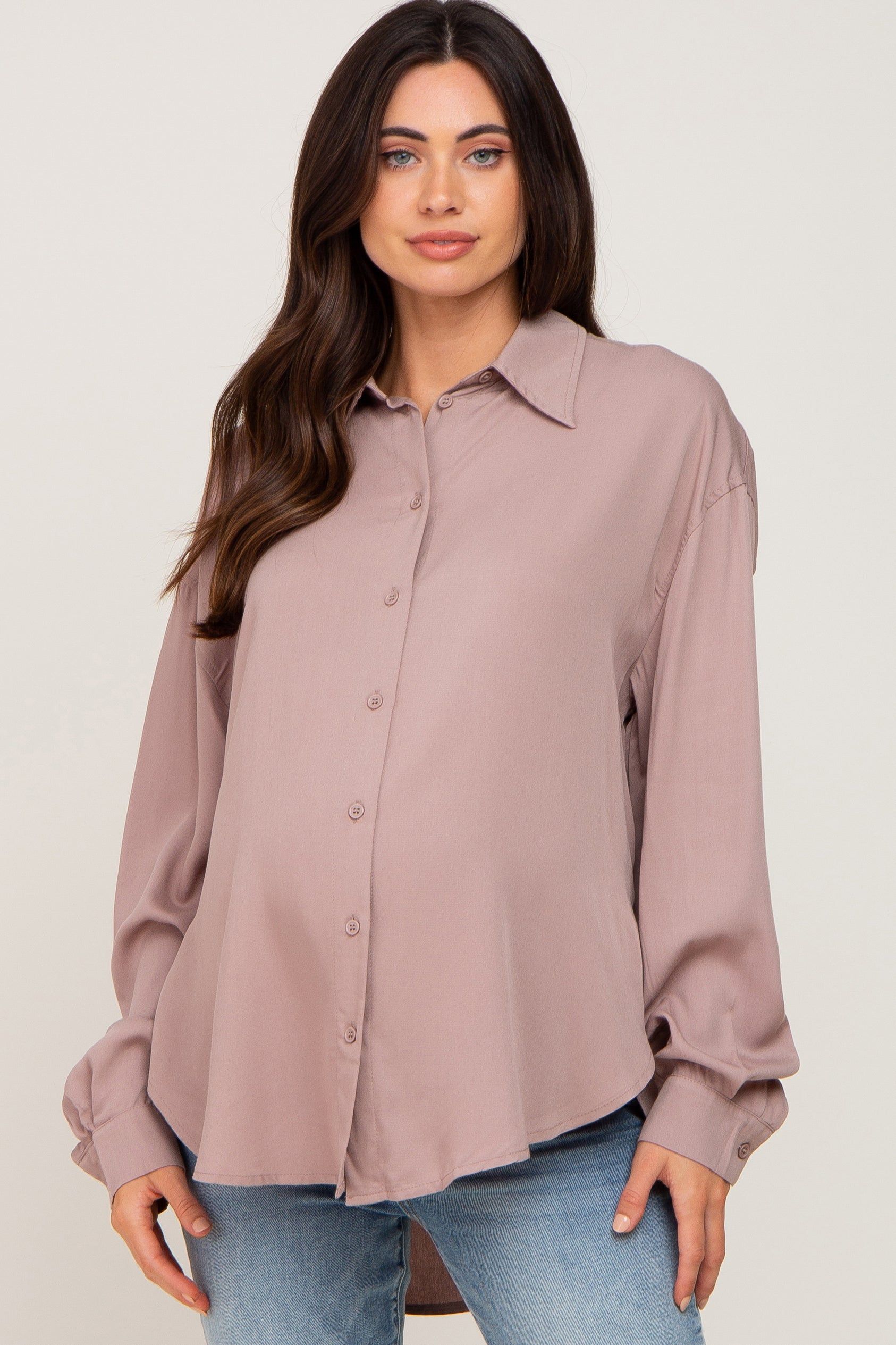 Mocha Oversized Button Down Maternity Blouse sold by Pinkblush