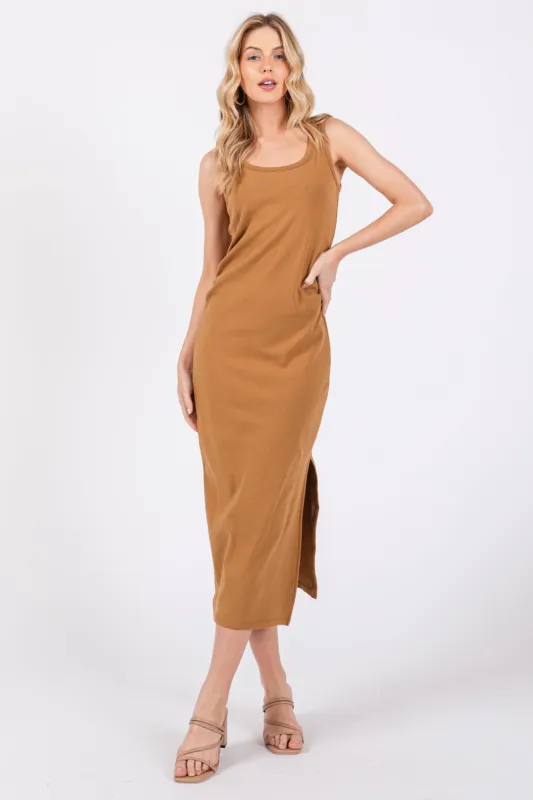 Camel Short Sleeve Ruched Dress sold by Pinkblush