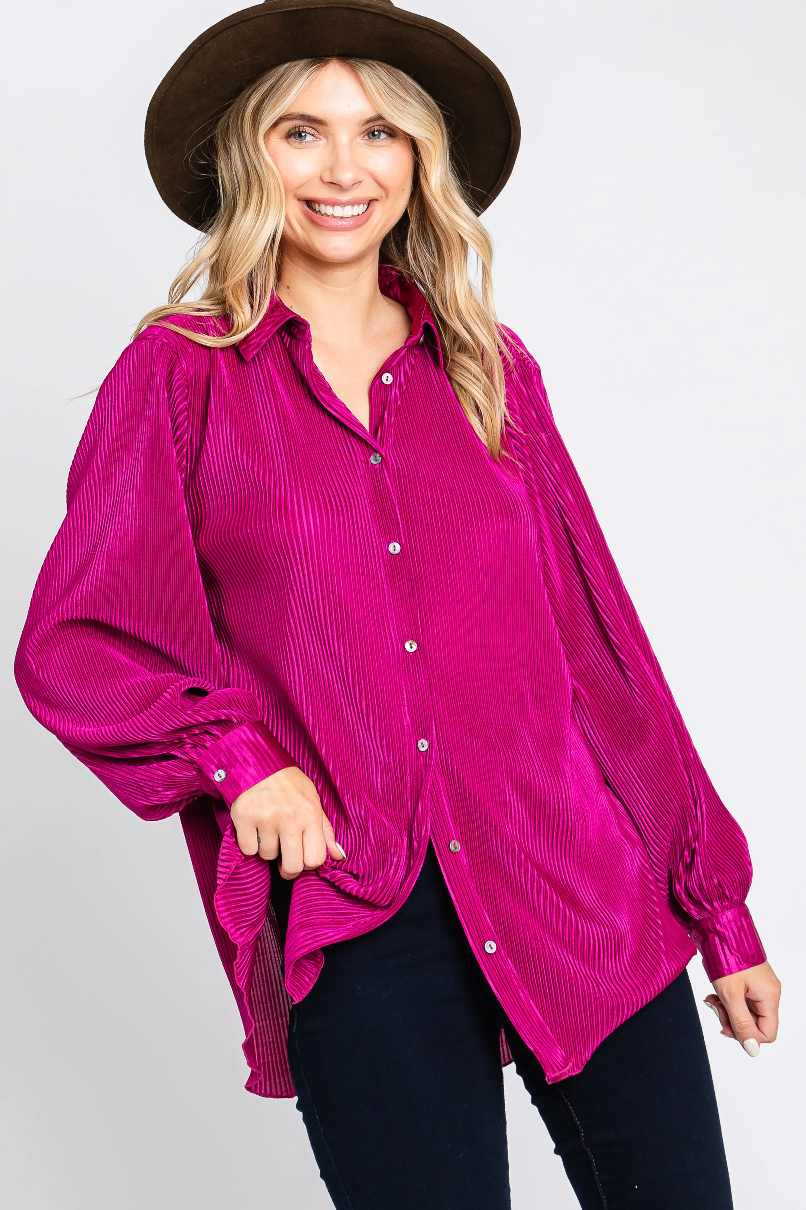 Magenta Plisse Button Up Long Sleeve Top sold by Pinkblush product image thumbnail 5