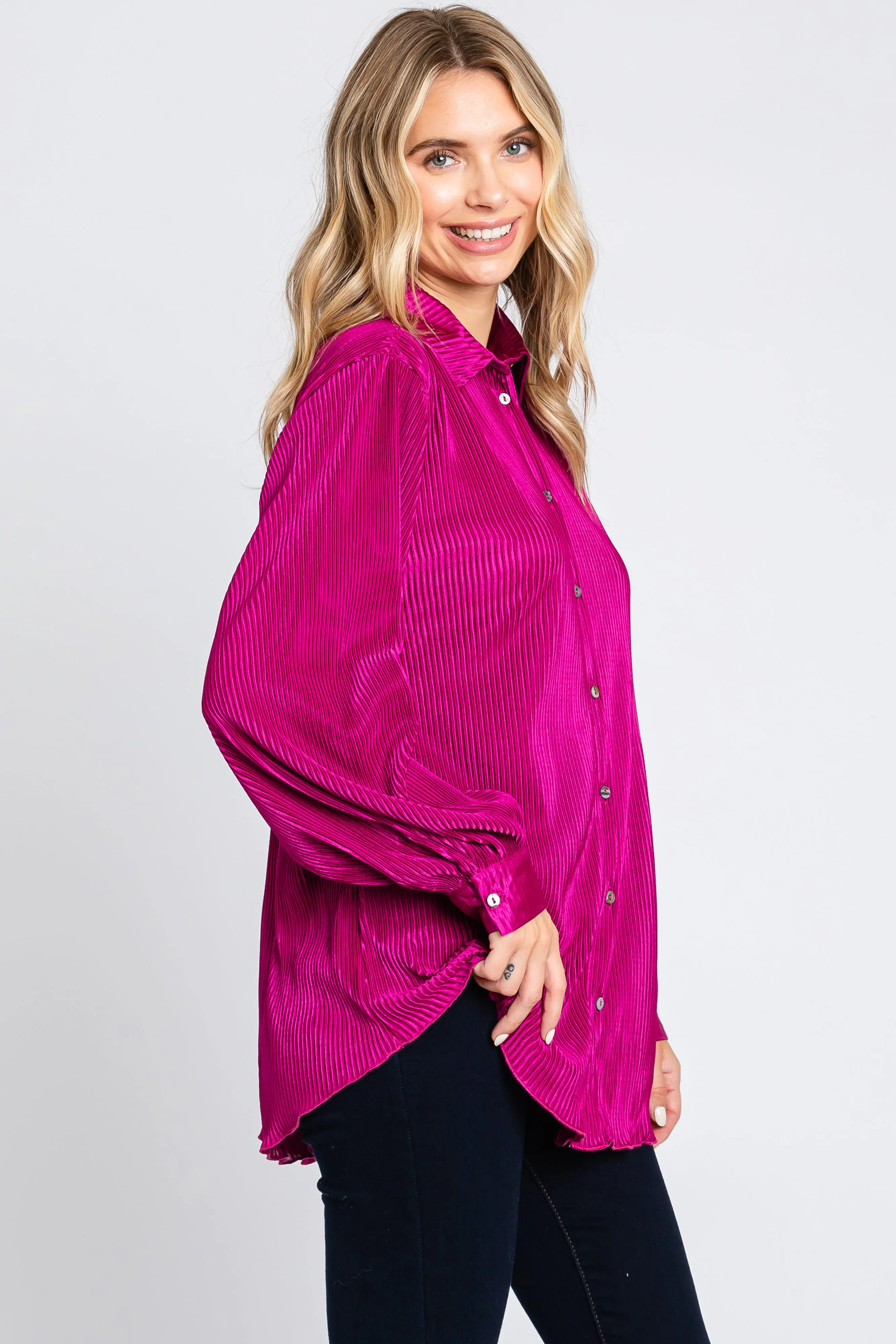 Magenta Plisse Button Up Long Sleeve Top sold by Pinkblush product image thumbnail 2