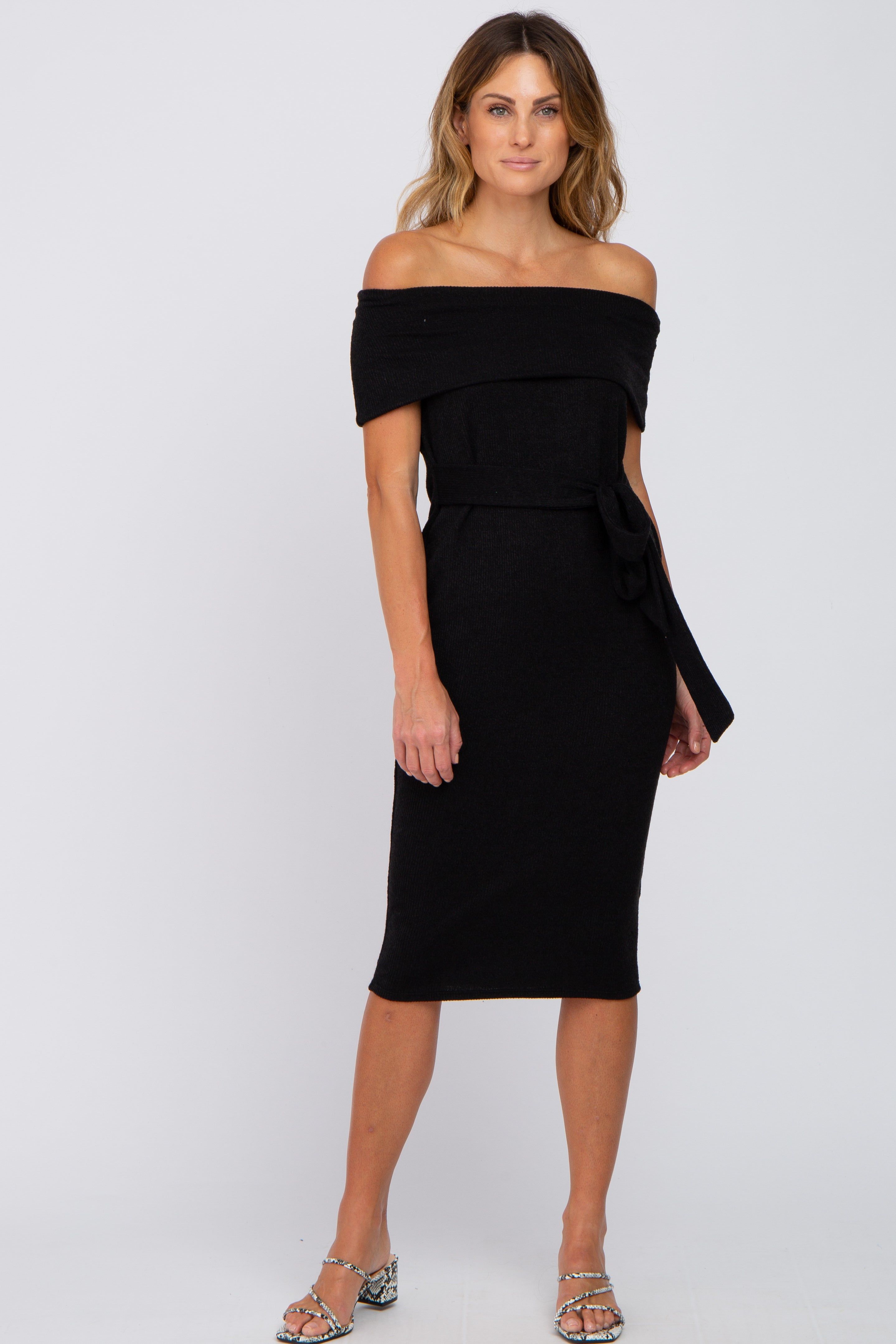 Black Folded Off Shoulder Waist Tie Midi Dress sold by Pinkblush