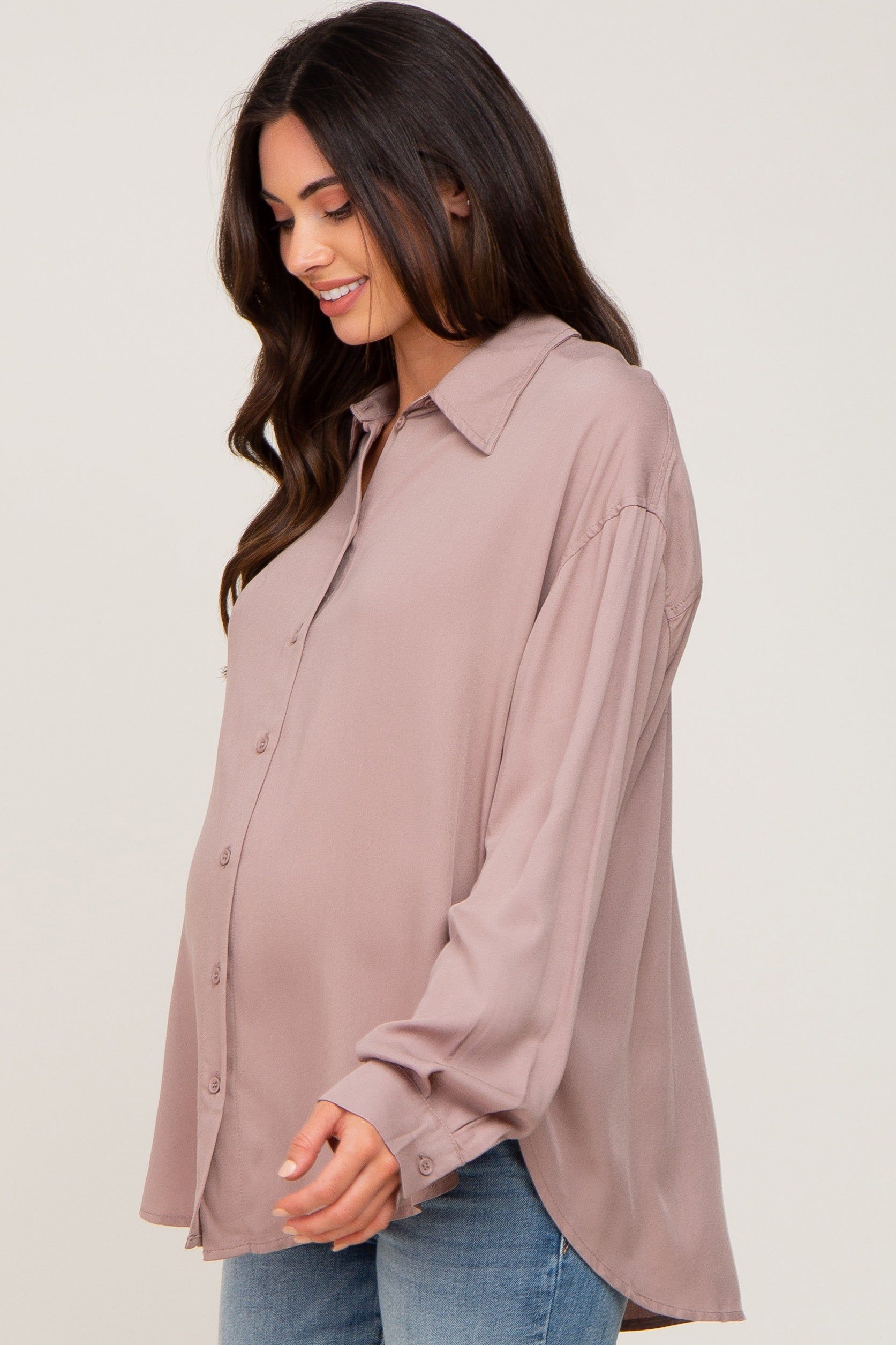 Mocha Oversized Button Down Maternity Blouse sold by Pinkblush product image thumbnail 2