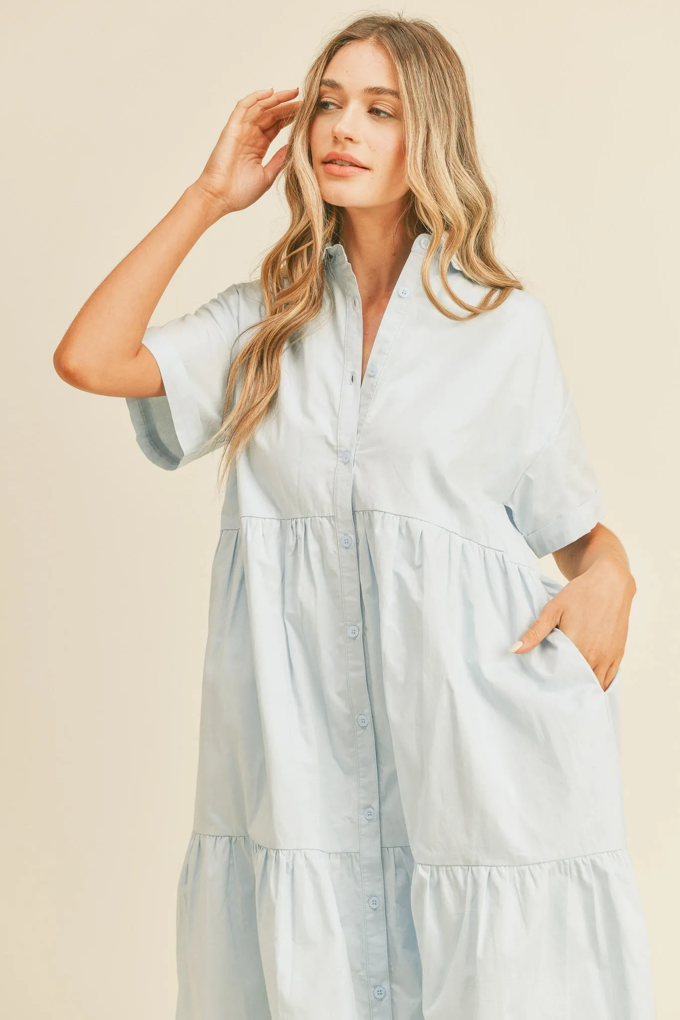 Light Blue Tiered Button Down Midi Dress sold by Pinkblush product image thumbnail 3