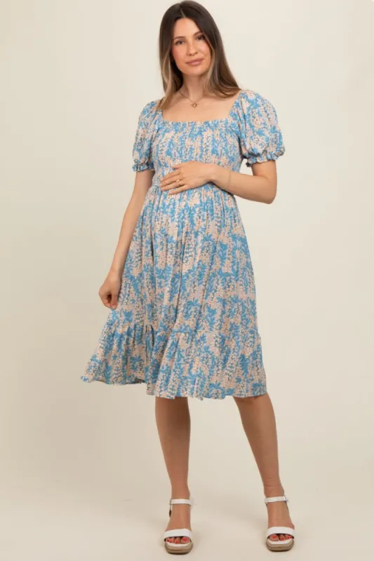 Blue Floral Puff Sleeve Smocked Chest Maternity Dress sold by Pinkblush