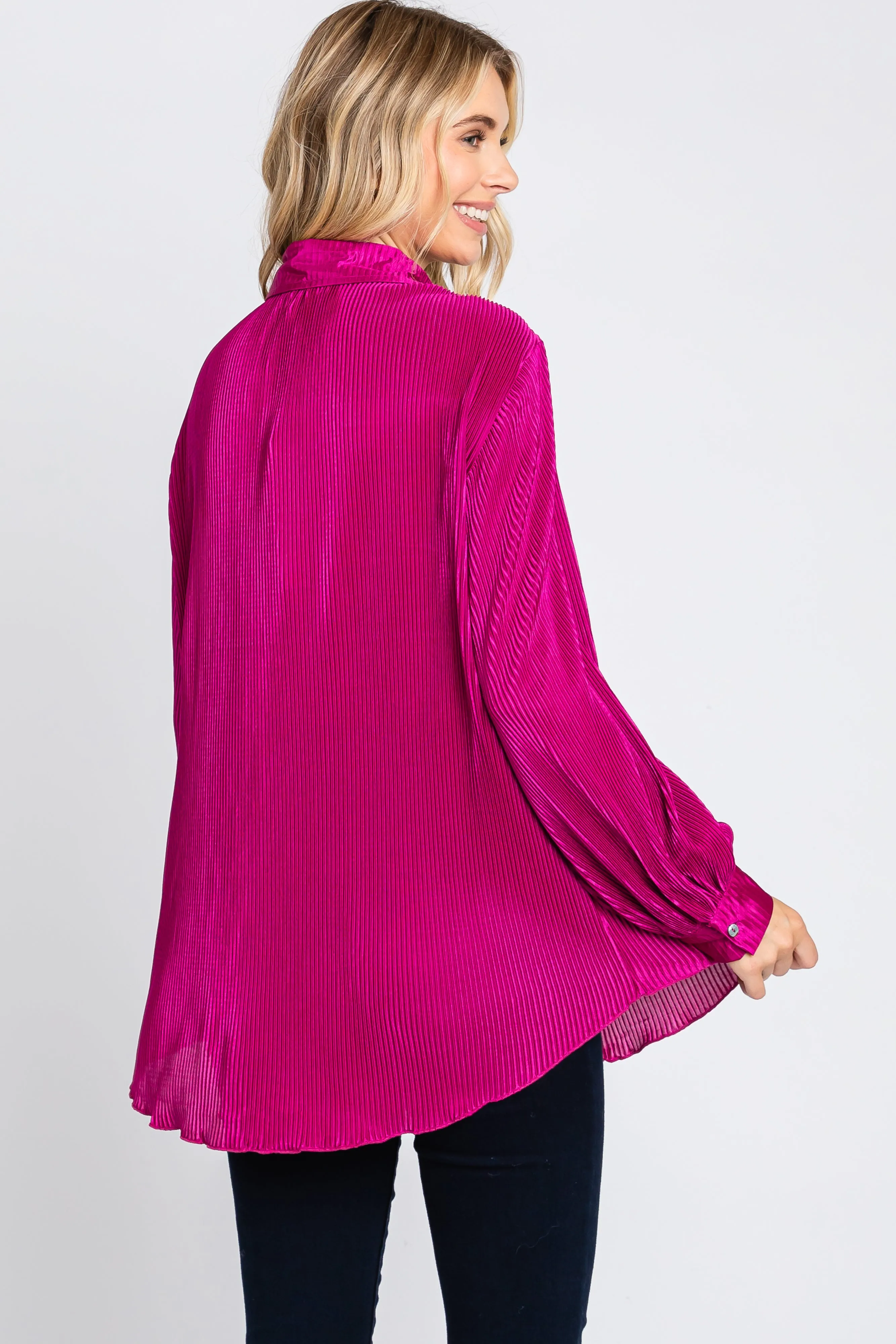 Magenta Plisse Button Up Long Sleeve Top sold by Pinkblush product image thumbnail 3