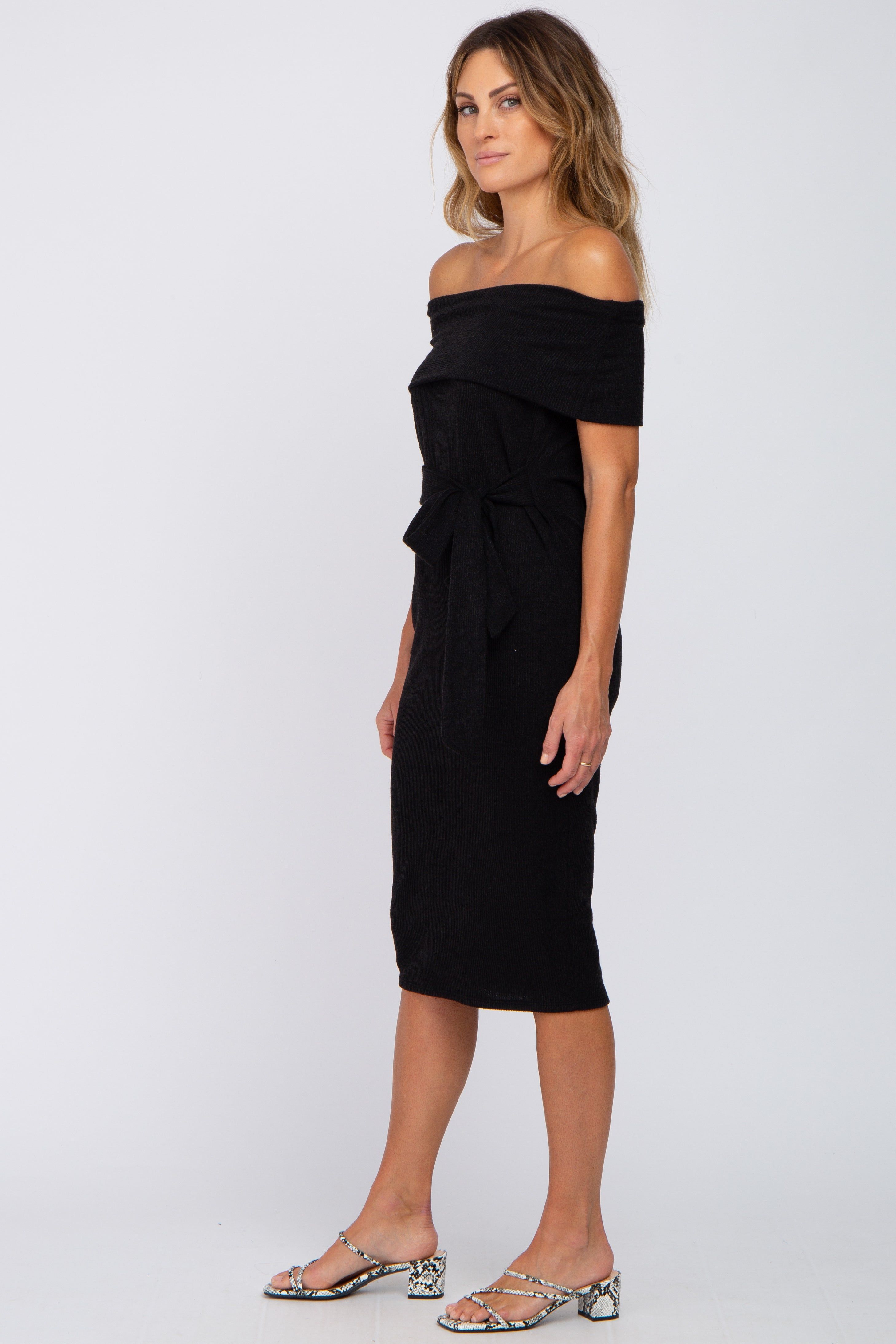 Black Folded Off Shoulder Waist Tie Midi Dress sold by Pinkblush product image thumbnail 2