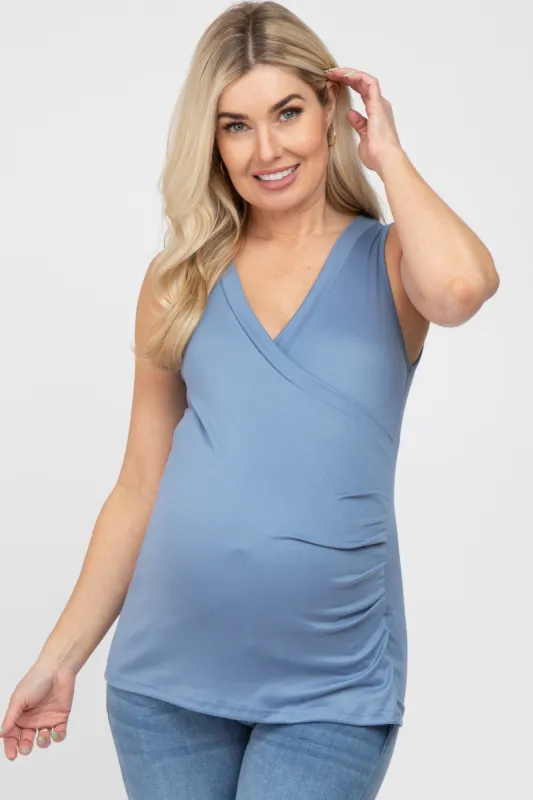 Blue Crossover Ruched Maternity Nursing Tank sold by Pinkblush