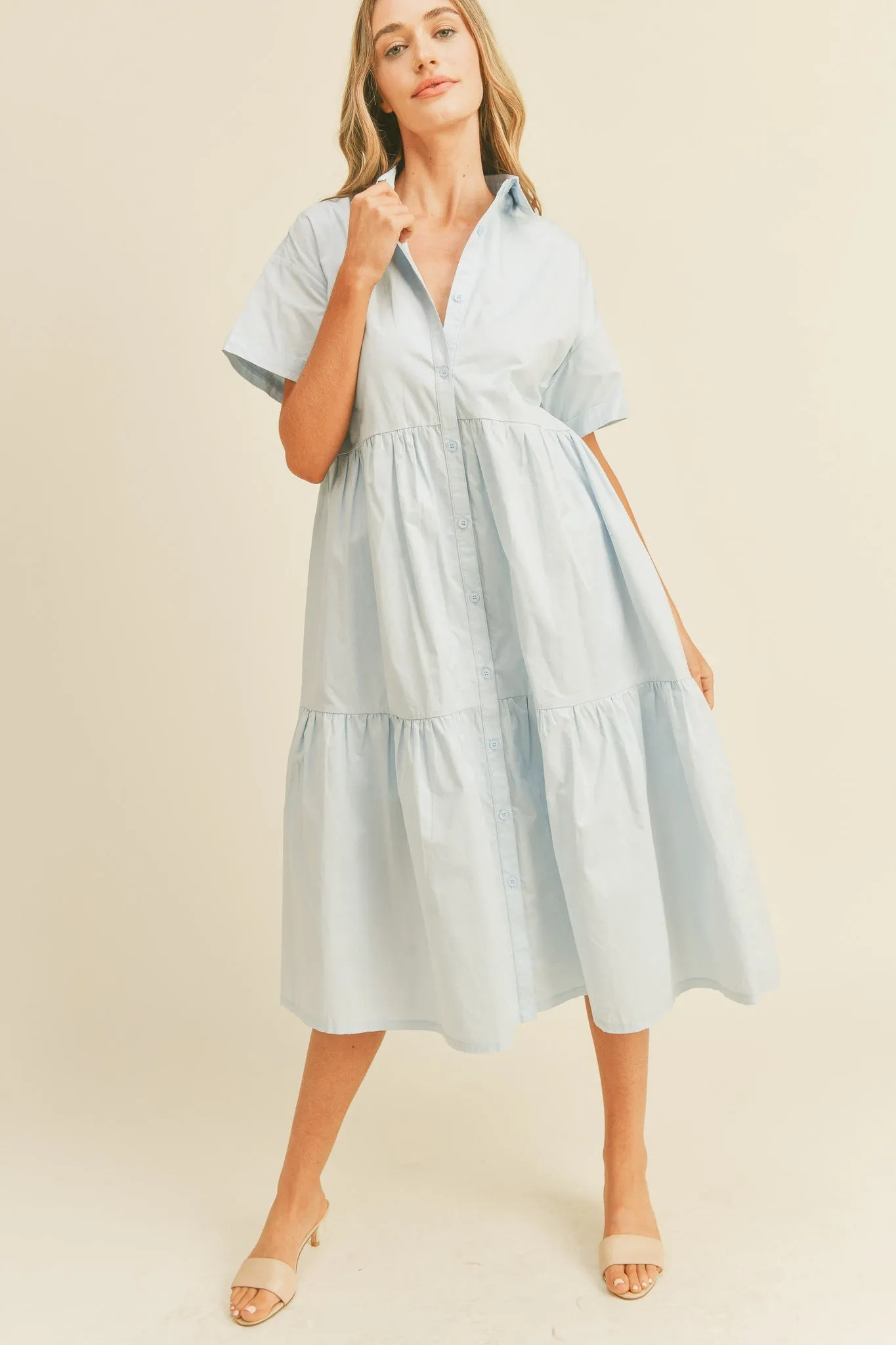 Light Blue Tiered Button Down Midi Dress sold by Pinkblush