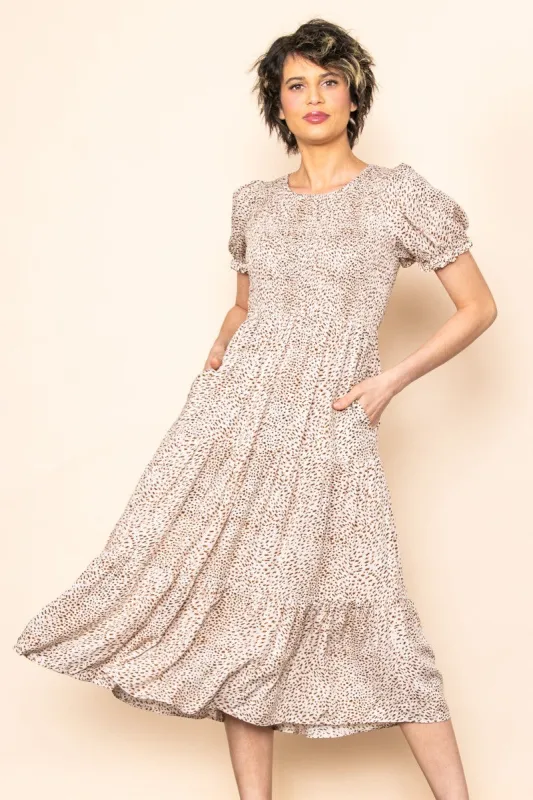Cream Puff Sleeve Smocked Chest Printed Midi Dress sold by Pinkblush