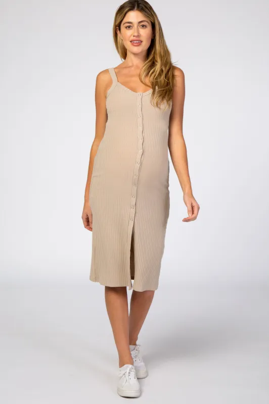 Beige Ribbed Snap Button Front Fitted Maternity Midi Dress sold by Pinkblush