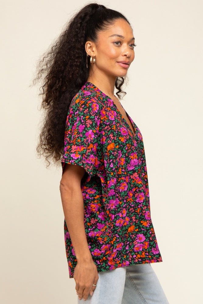 Black Floral V-Neck Short Dolman Sleeve Top sold by Pinkblush product image thumbnail 2