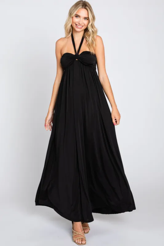 Black Front Knot Halter Maxi Dress sold by Pinkblush