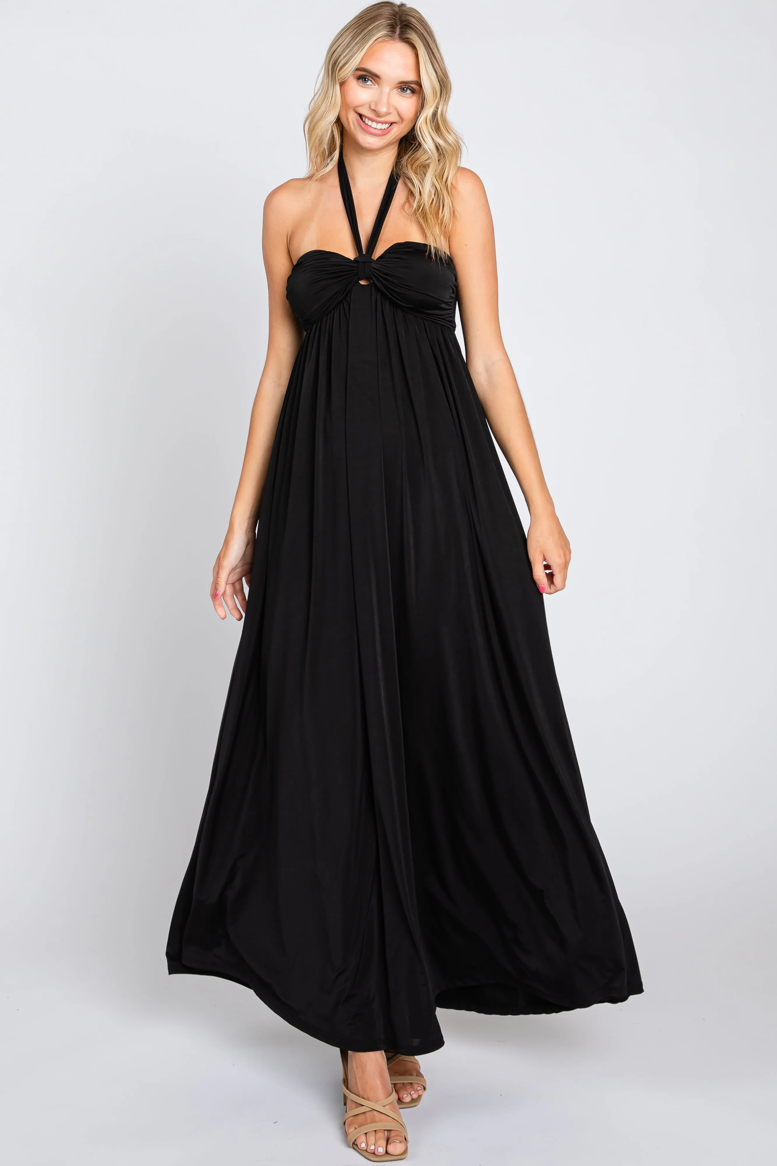 Black Front Knot Halter Maxi Dress sold by Pinkblush