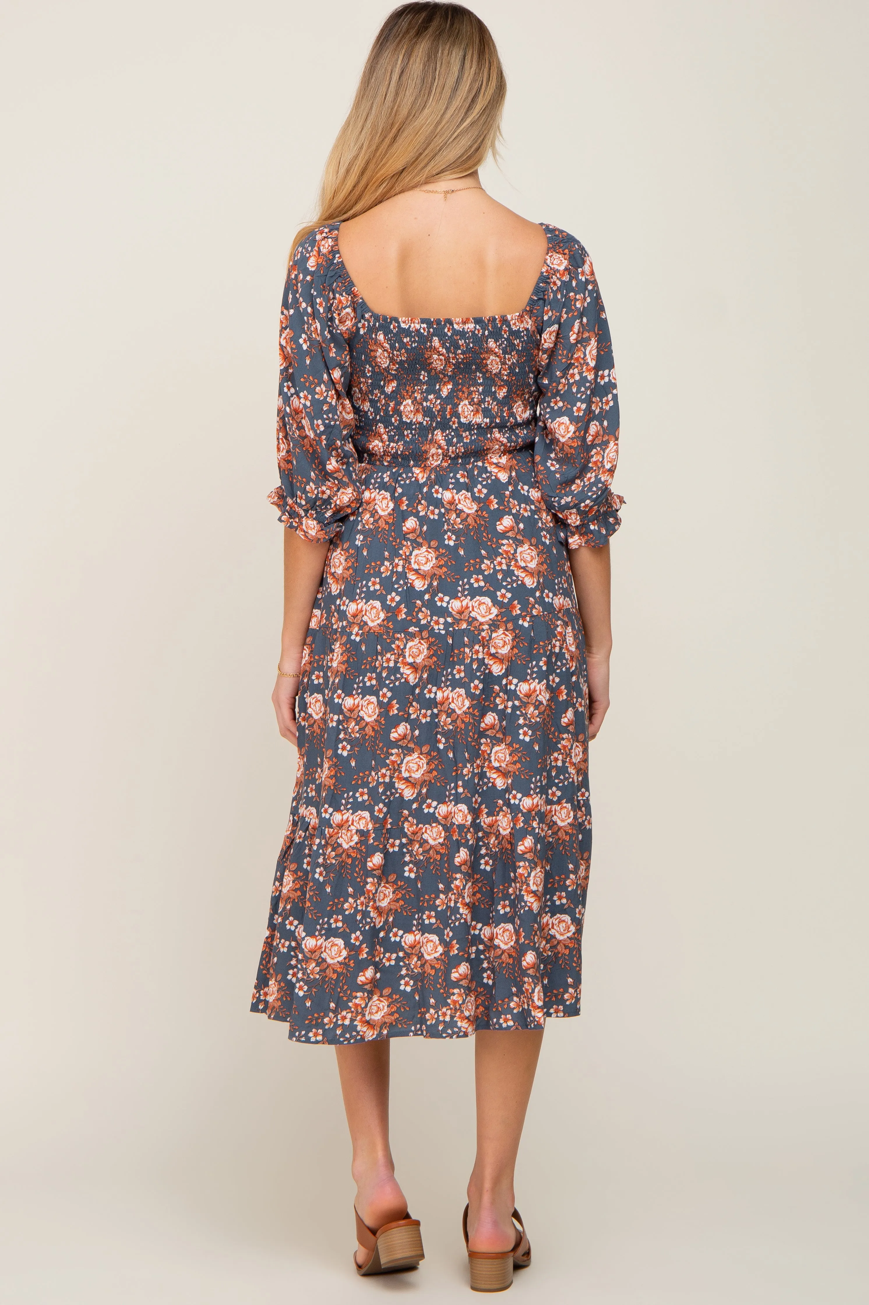 Navy Floral Smocked 3/4 Sleeve Maternity Midi Dress sold by Pinkblush product image thumbnail 3