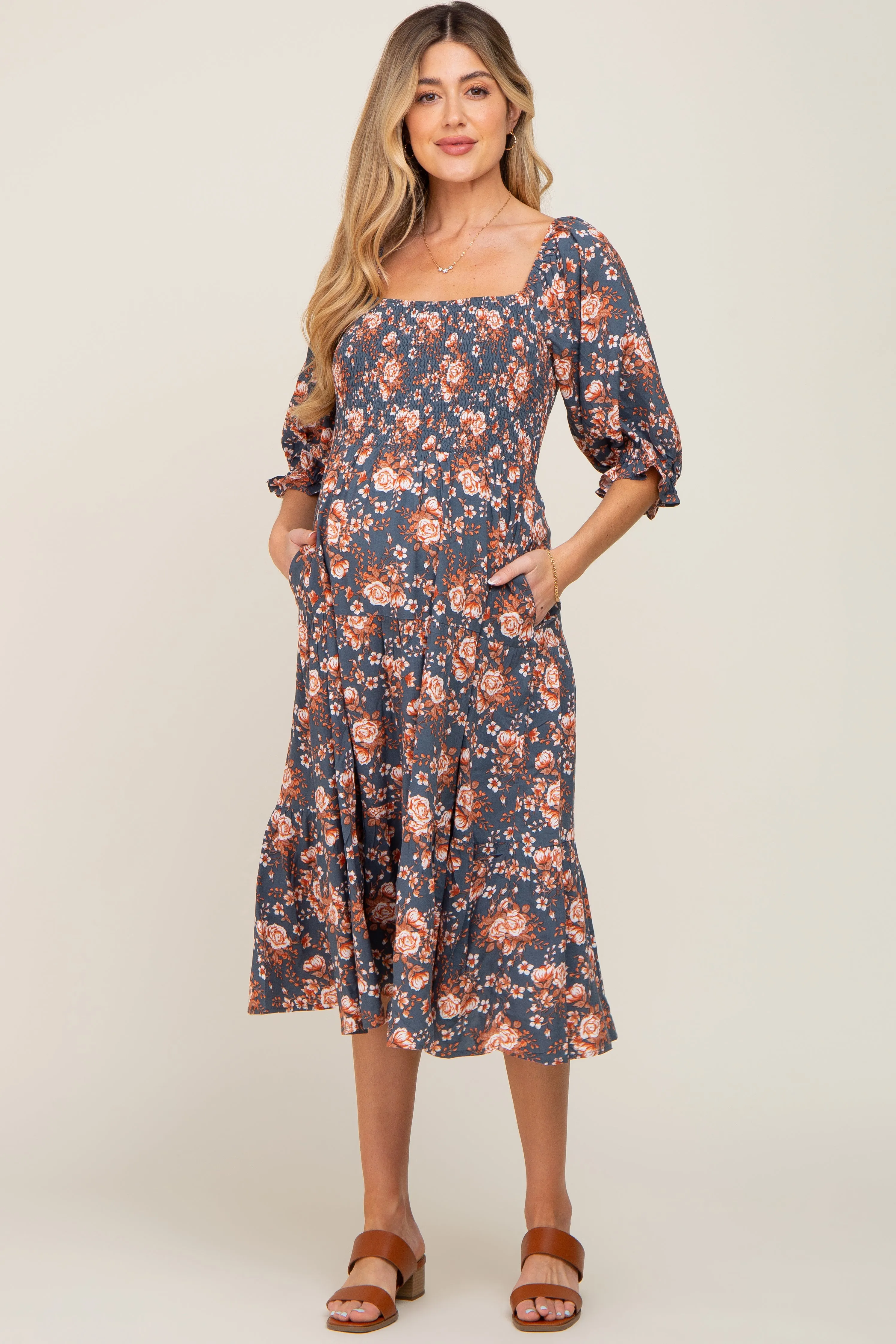 Navy Floral Smocked 3/4 Sleeve Maternity Midi Dress sold by Pinkblush product image thumbnail 4