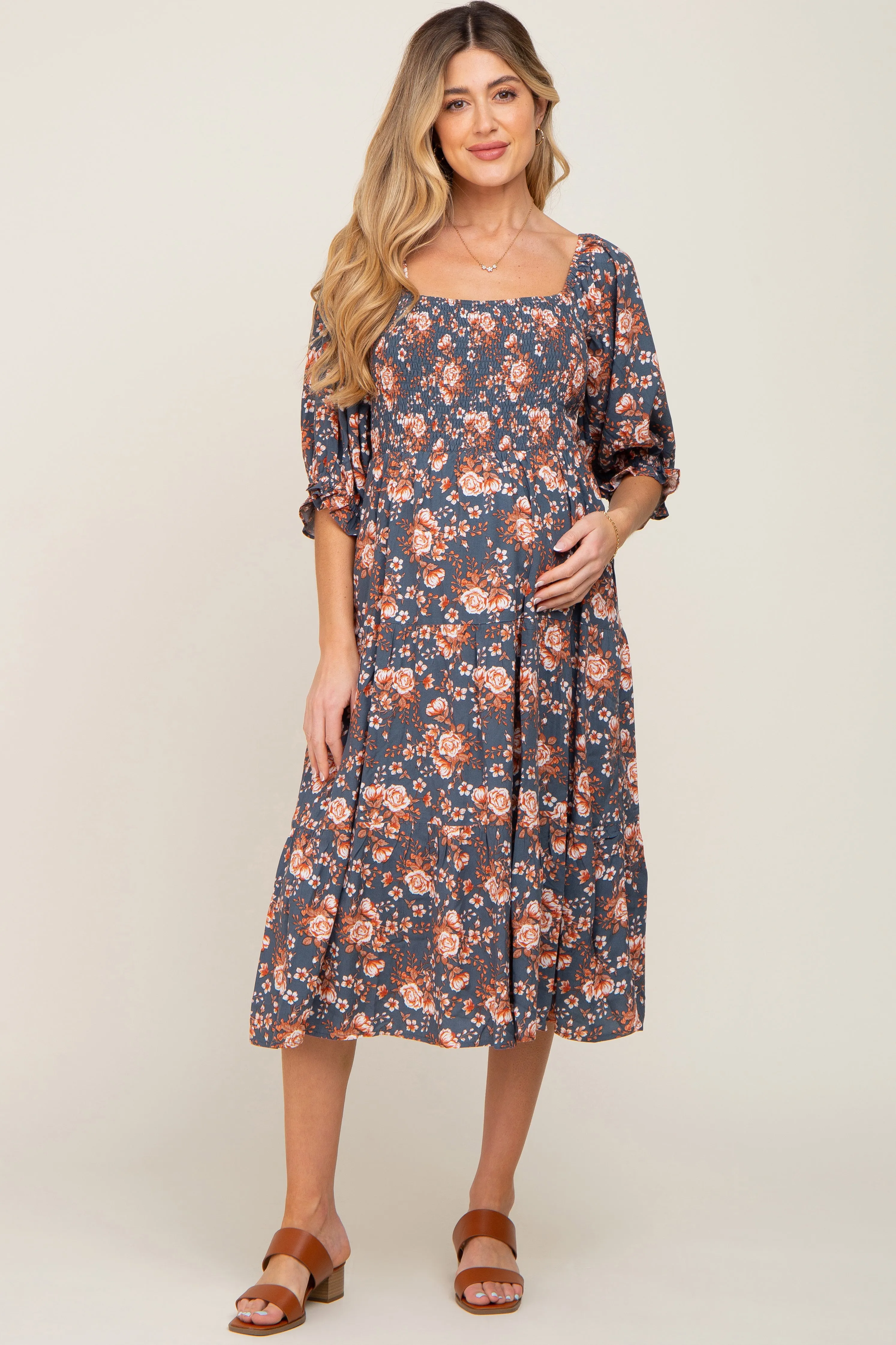 Navy Floral Smocked 3/4 Sleeve Maternity Midi Dress sold by Pinkblush