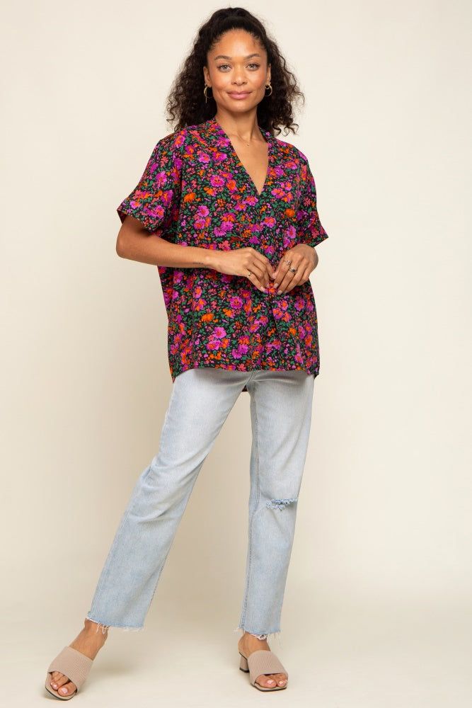 Black Floral V-Neck Short Dolman Sleeve Top sold by Pinkblush product image thumbnail 4