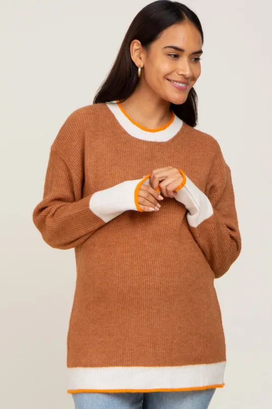 Camel Colorblock Rib Knit Maternity Sweater sold by Pinkblush