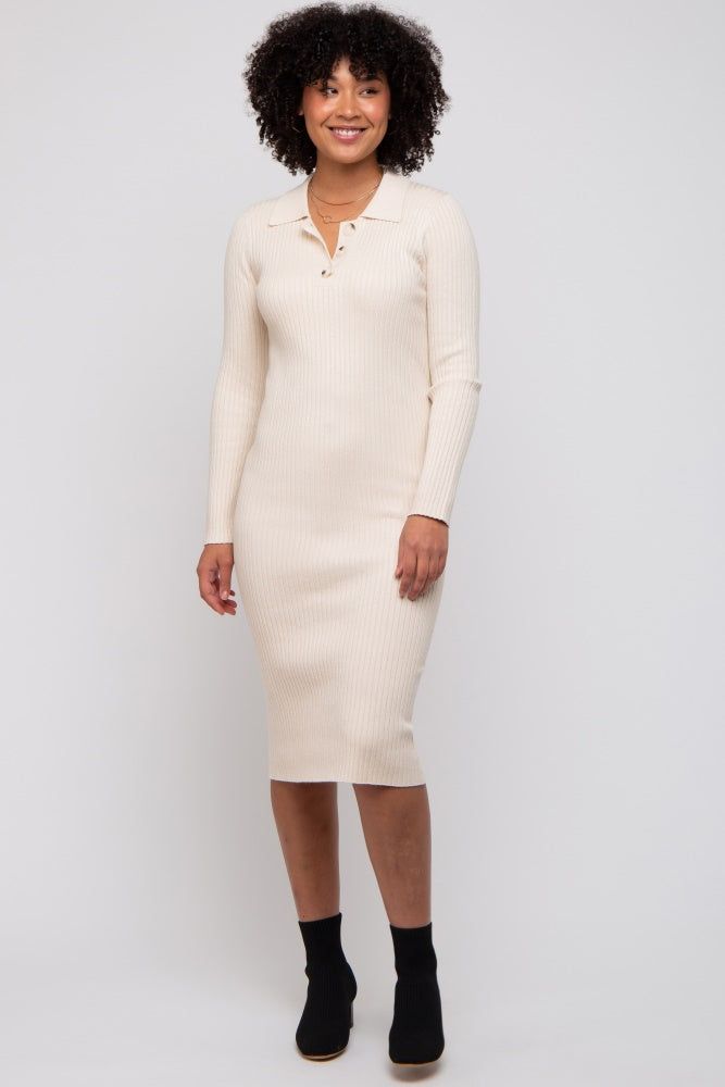 Beige Ribbed Knit Collared Long Sleeve Midi Dress sold by Pinkblush product image thumbnail 4