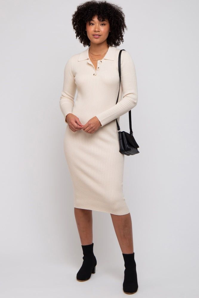 Beige Ribbed Knit Collared Long Sleeve Midi Dress sold by Pinkblush