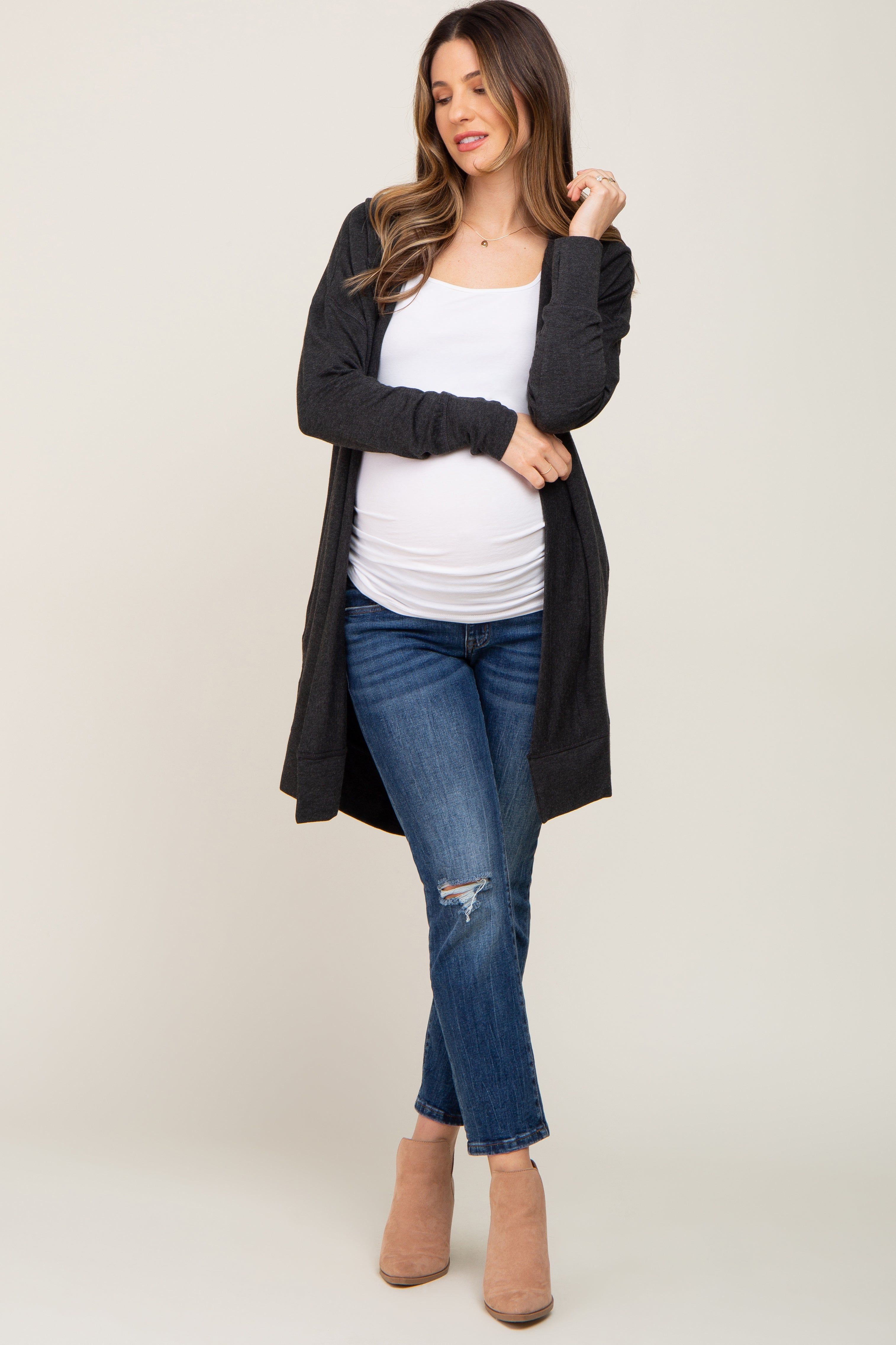 Black Side Slit Hooded Maternity Cardigan sold by Pinkblush