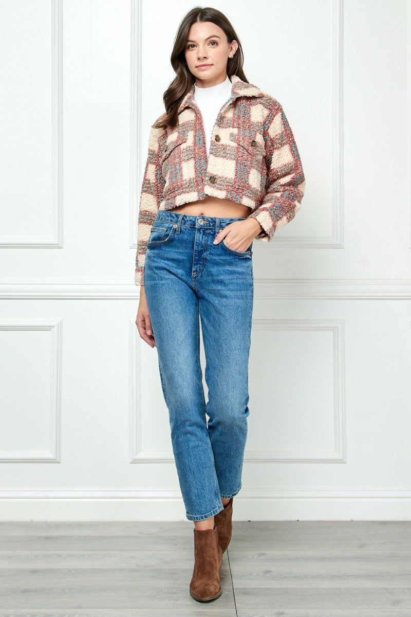 Pink Blue Plaid Sherpa Short Button Jacket sold by Pinkblush product image thumbnail 4