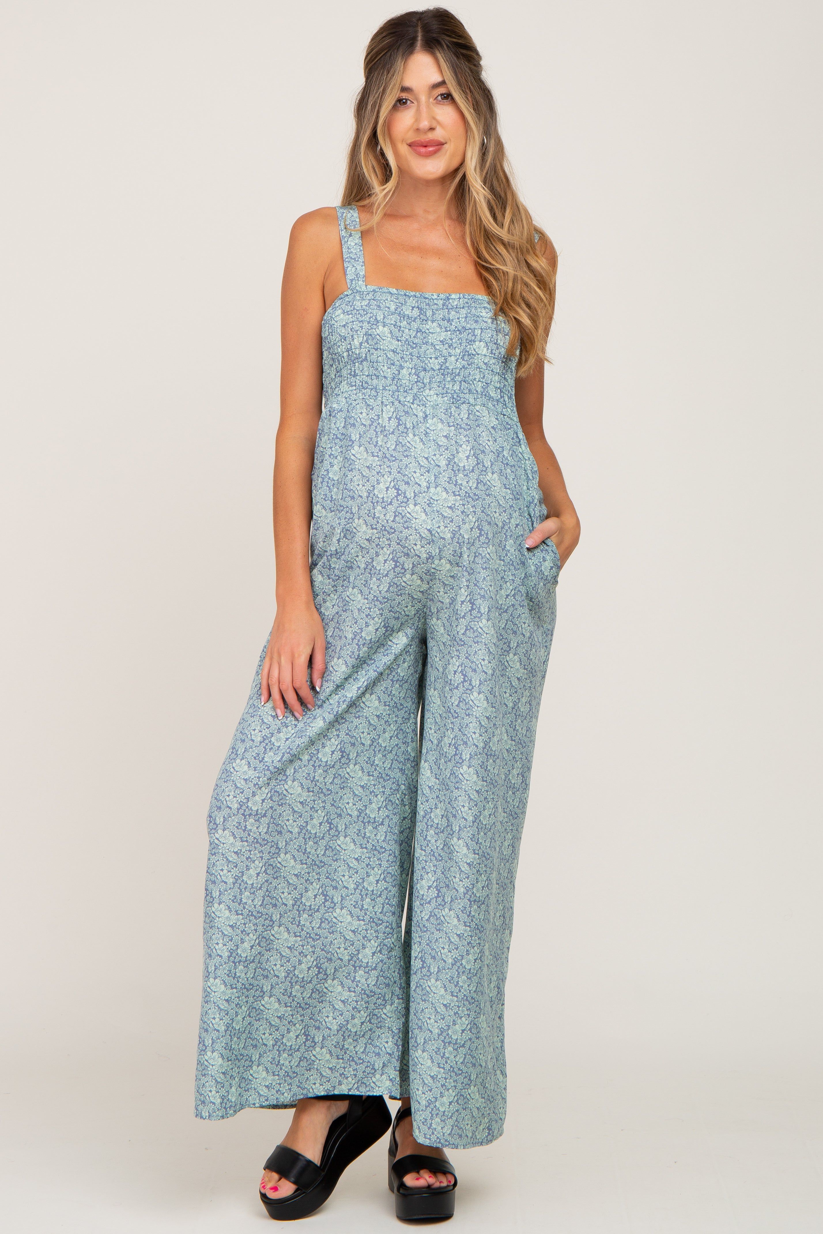 Blue Floral Smocked Square Neck Maternity Jumpsuit sold by Pinkblush product image thumbnail 4