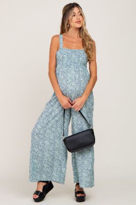Blue Floral Smocked Square Neck Maternity Jumpsuit sold by Pinkblush