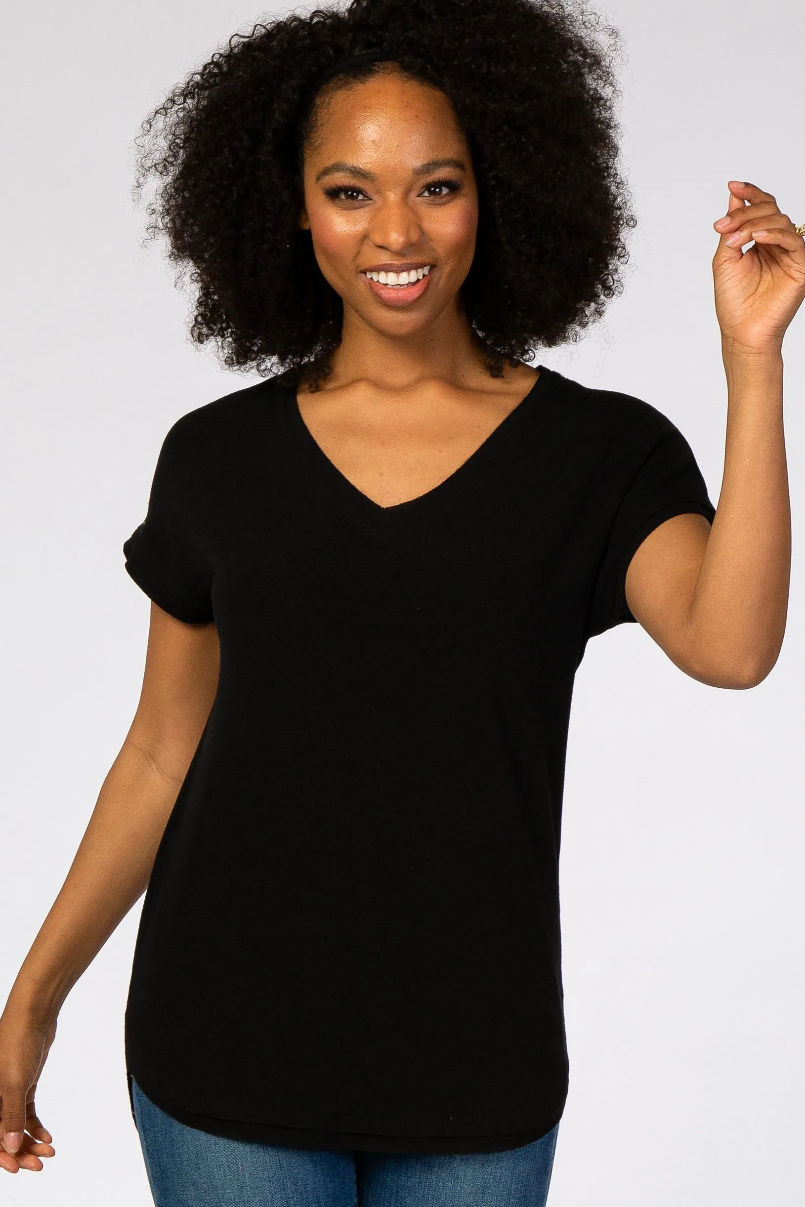 Black V-Neck Raw Hem Short Sleeve Top sold by Pinkblush