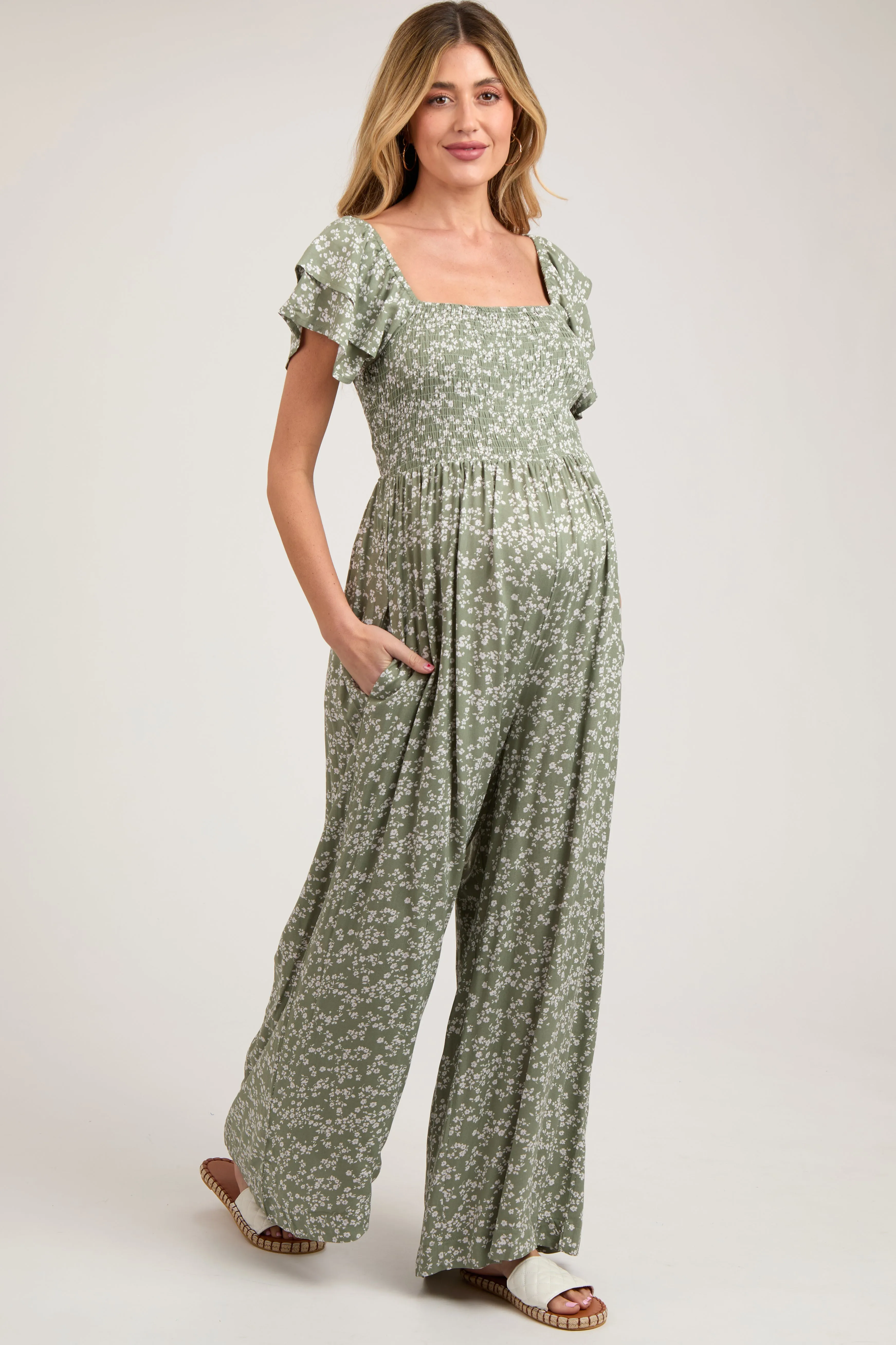 Green Floral Maternity Jumpsuit sold by Pinkblush