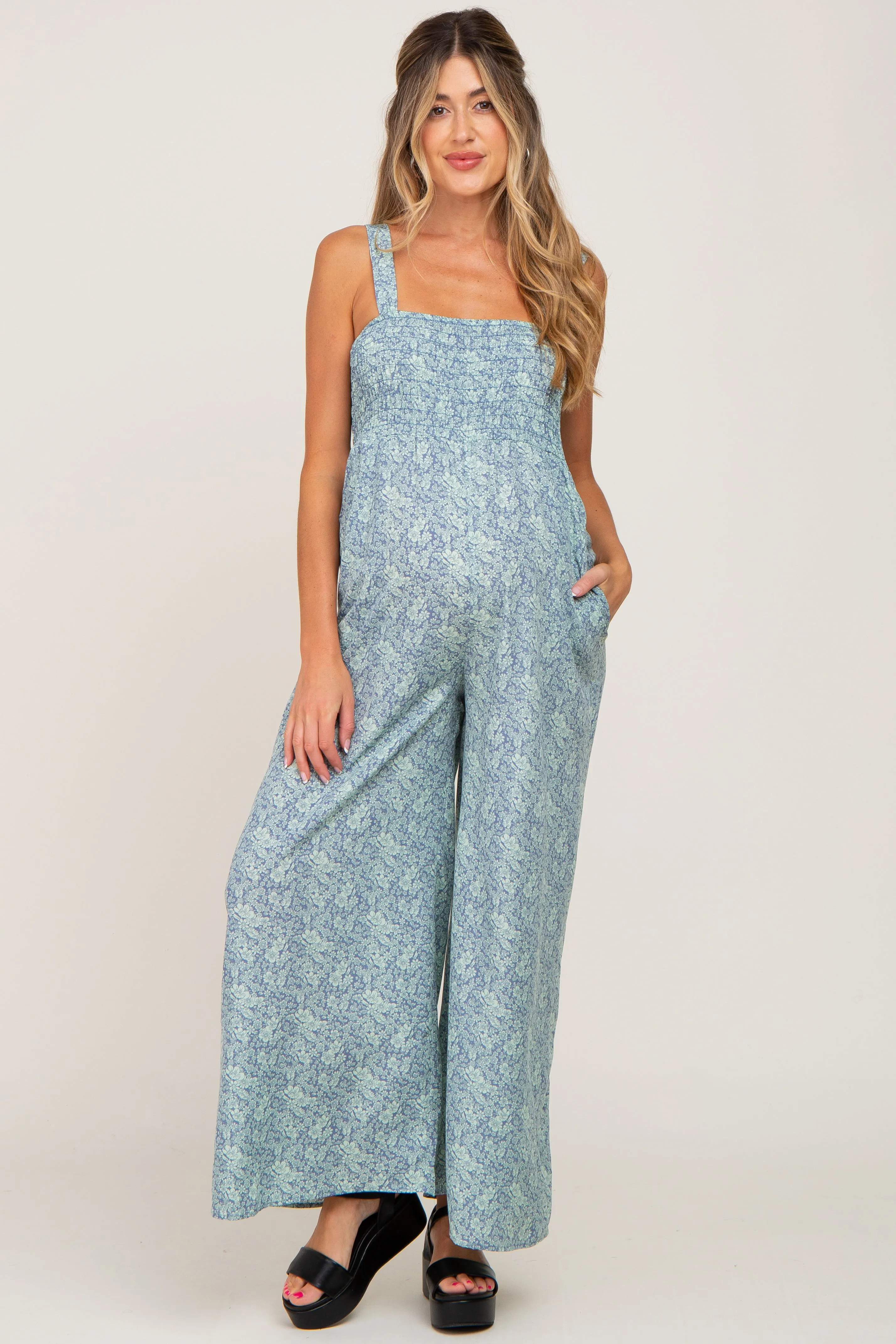 Blue Floral Smocked Square Neck Maternity Jumpsuit sold by Pinkblush product image thumbnail 4