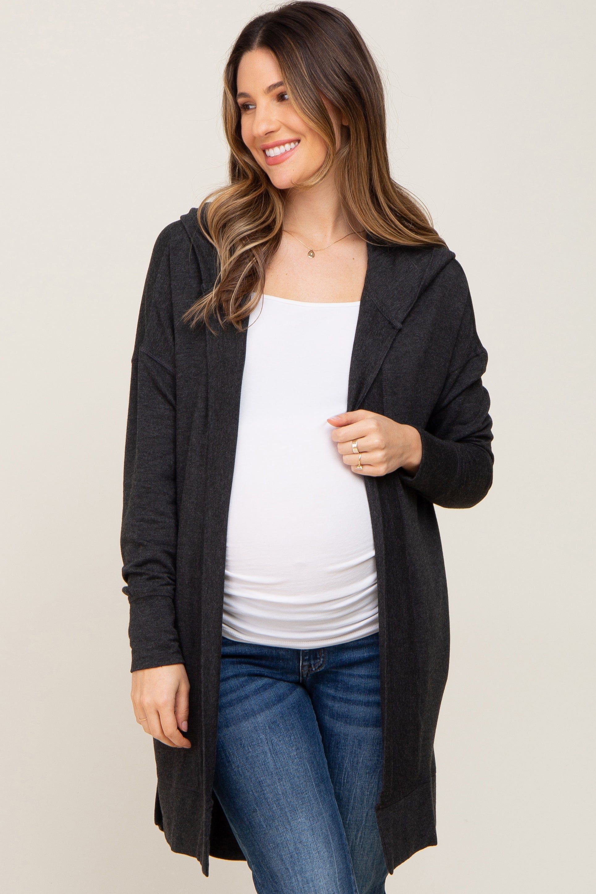 Black Side Slit Hooded Maternity Cardigan sold by Pinkblush product image thumbnail 2