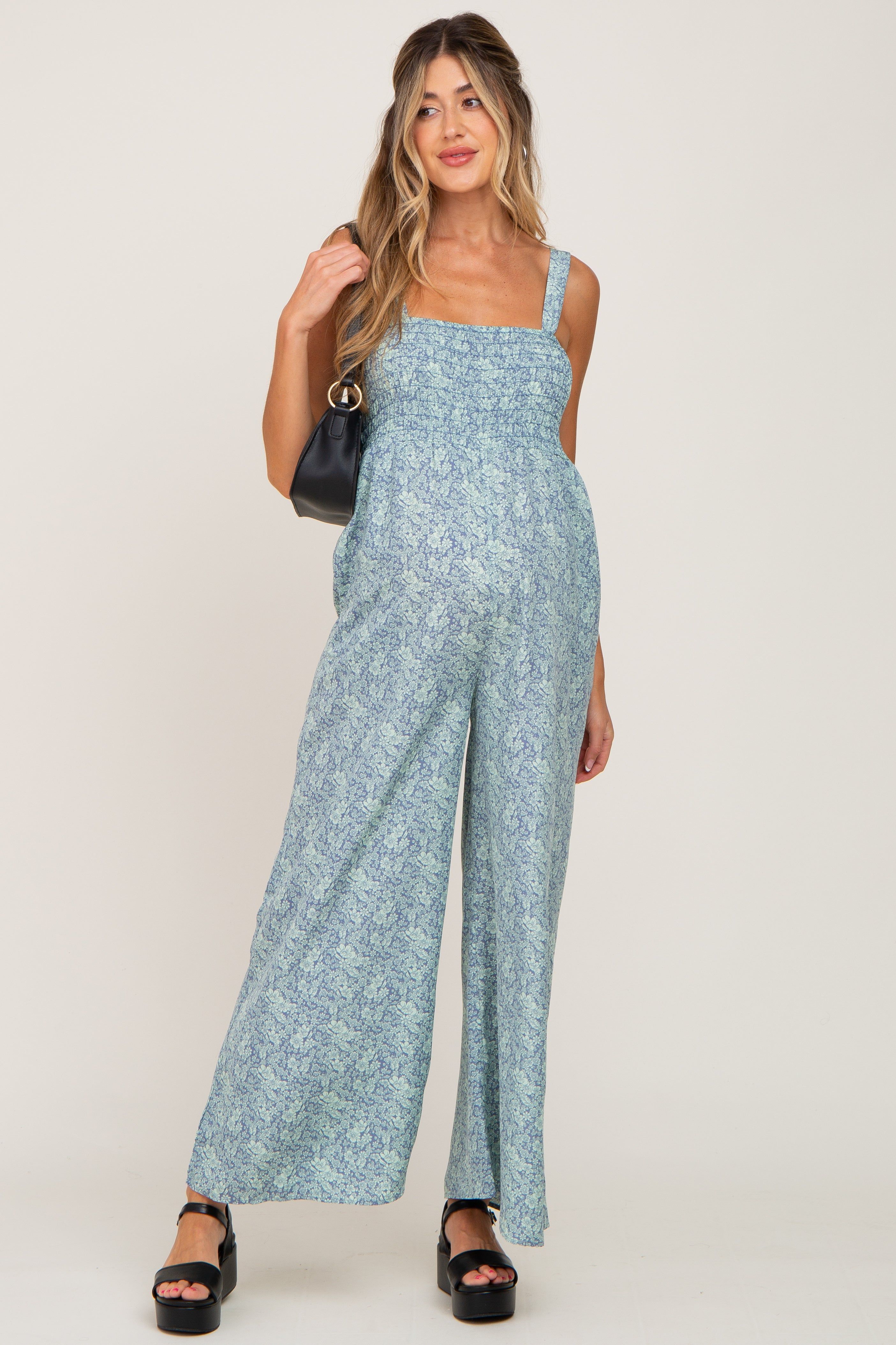Blue Floral Smocked Square Neck Maternity Jumpsuit sold by Pinkblush product image thumbnail 5