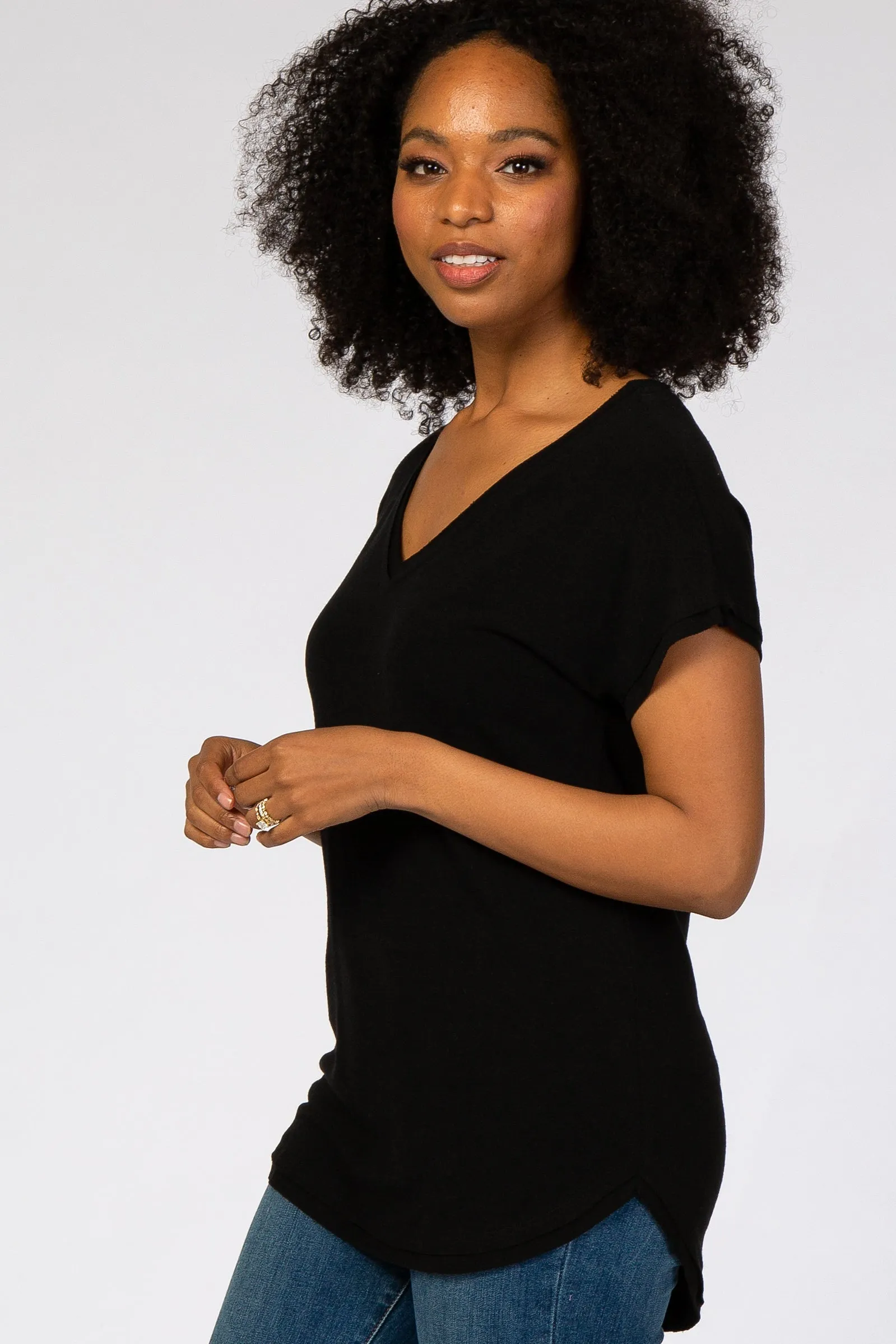 Black V-Neck Raw Hem Short Sleeve Top sold by Pinkblush product image thumbnail 2