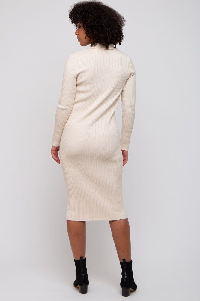 Beige Ribbed Knit Collared Long Sleeve Midi Dress sold by Pinkblush product image thumbnail 3