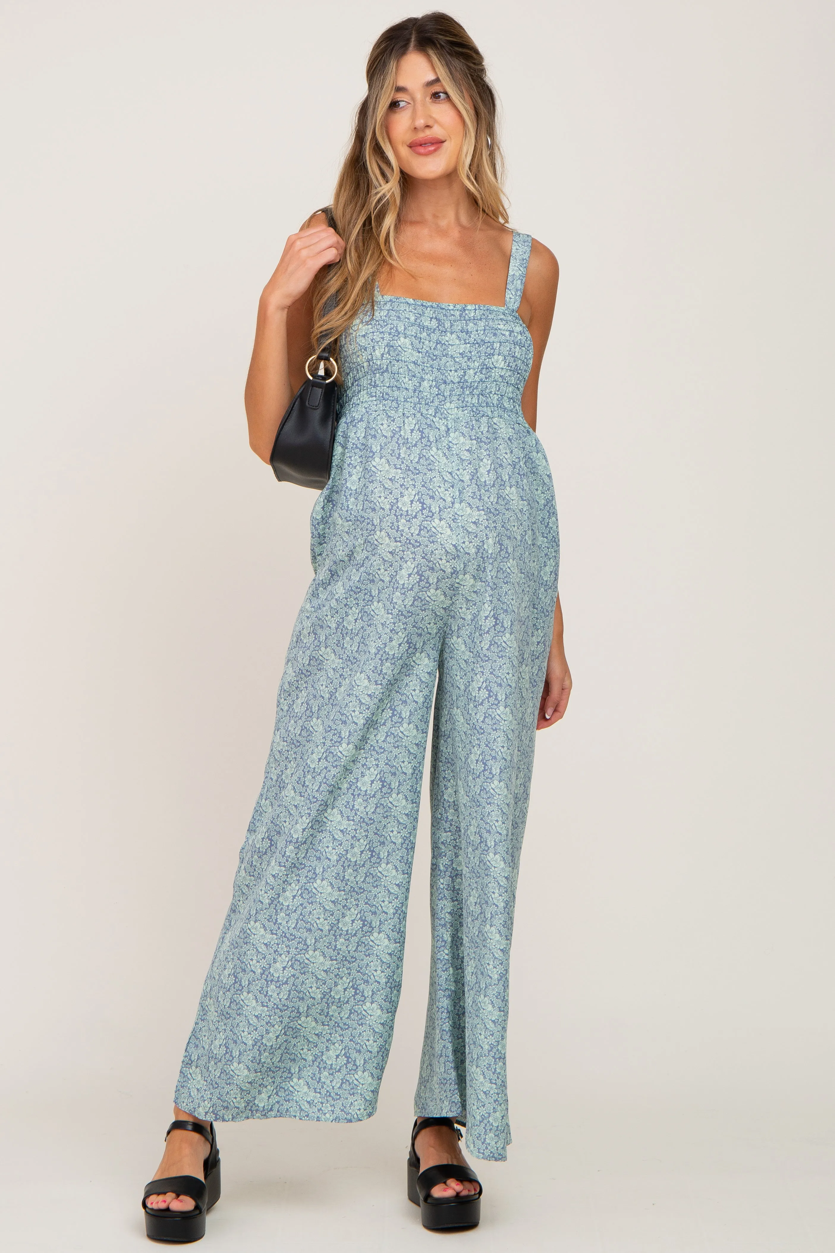 Blue Floral Smocked Square Neck Maternity Jumpsuit sold by Pinkblush product image thumbnail 5