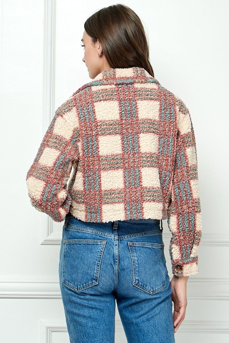 Pink Blue Plaid Sherpa Short Button Jacket sold by Pinkblush product image thumbnail 3