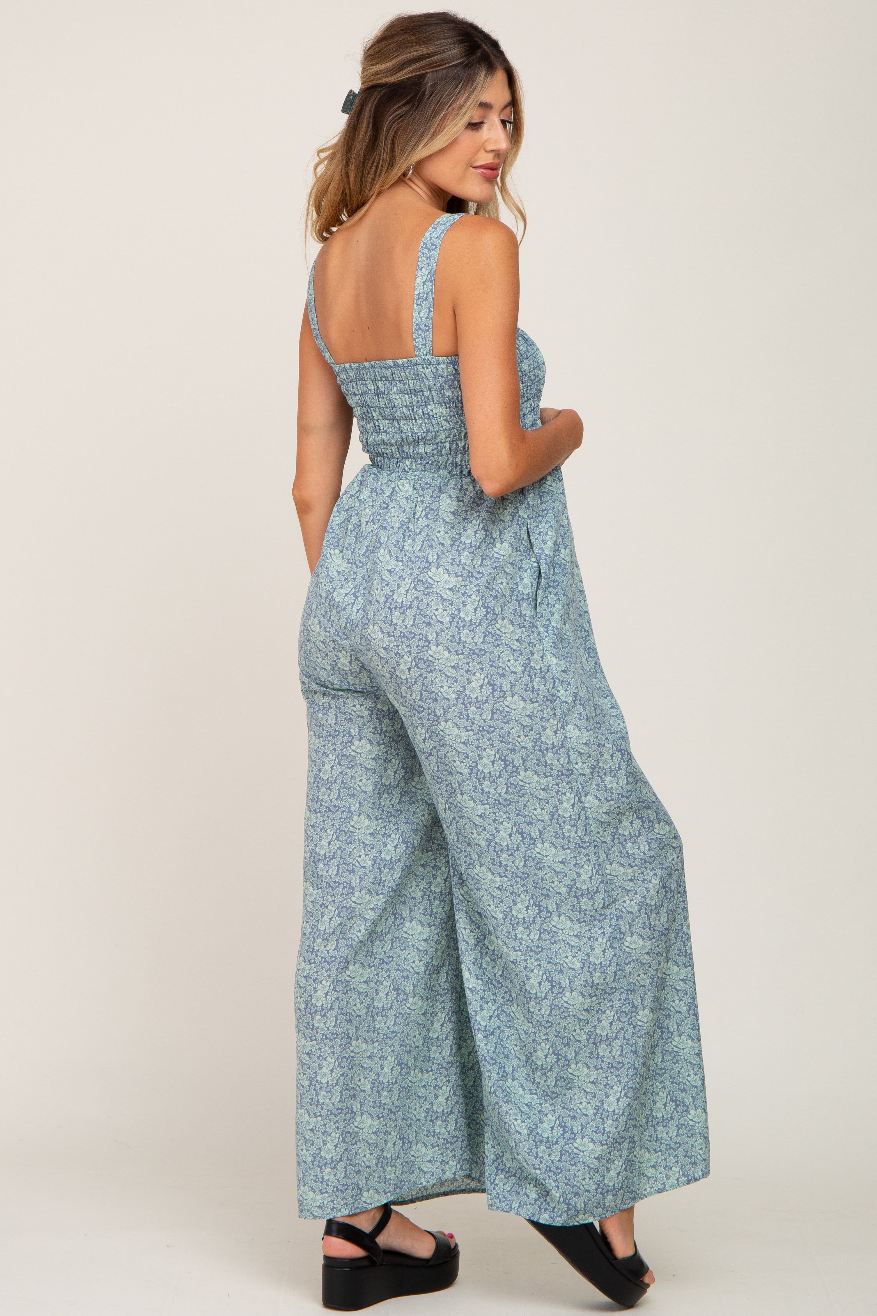 Blue Floral Smocked Square Neck Maternity Jumpsuit sold by Pinkblush product image thumbnail 3