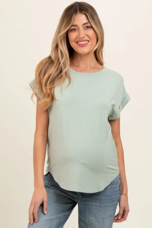 Light Olive Rolled Cuff Sleeve Maternity Top sold by Pinkblush