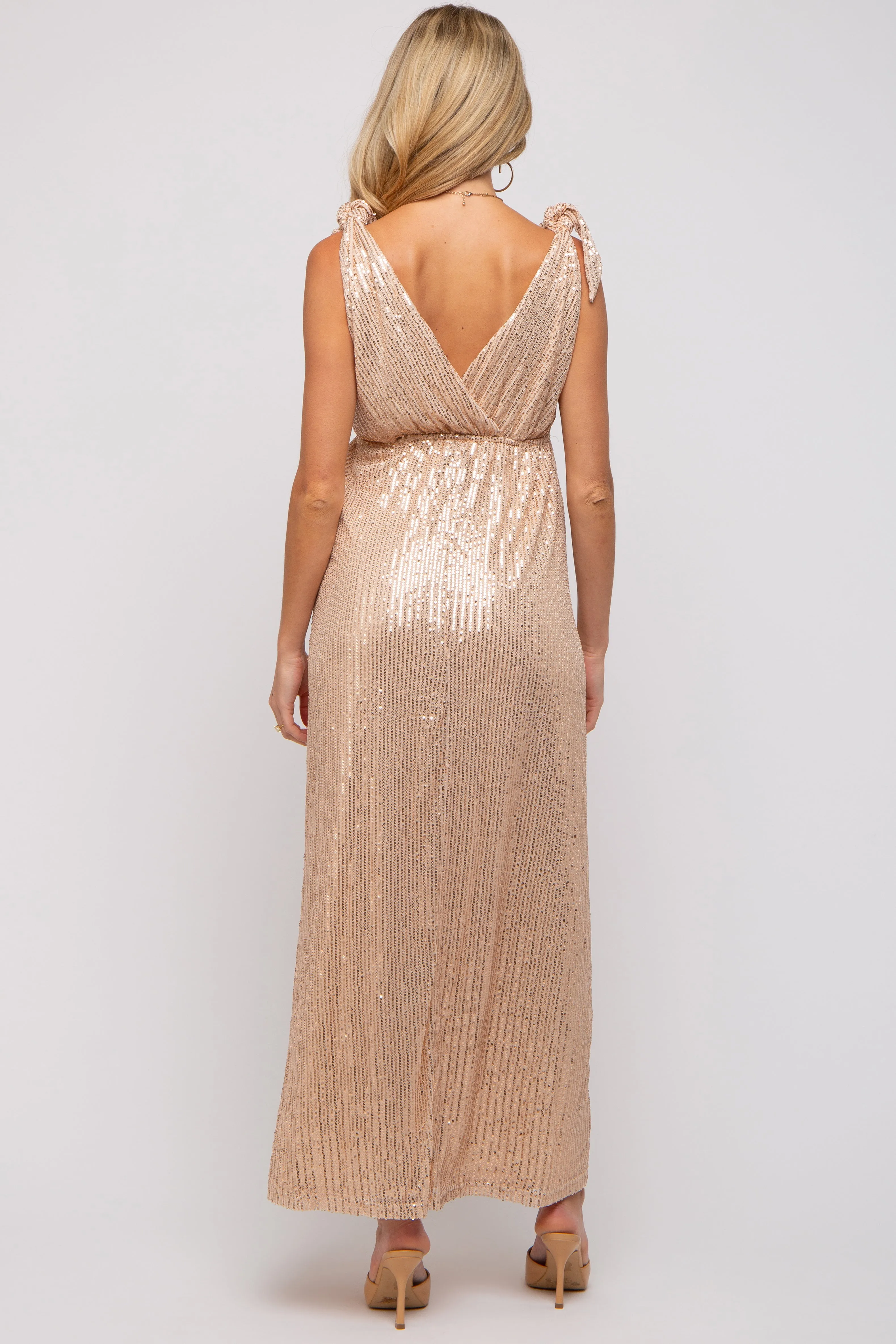 Beige Sequin Sleeveless Wrap V-Neck Maternity Gown sold by Pinkblush product image thumbnail 3