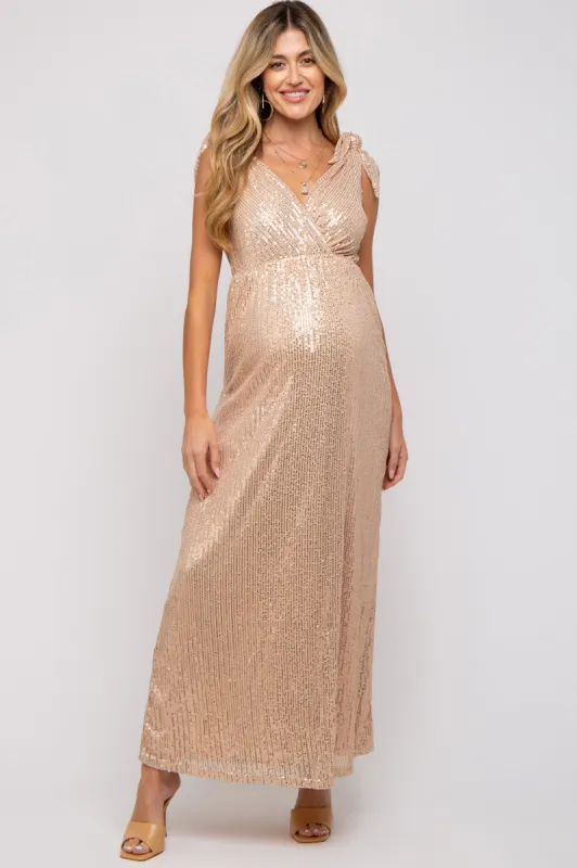 Beige Sequin Sleeveless Wrap V-Neck Maternity Gown sold by Pinkblush