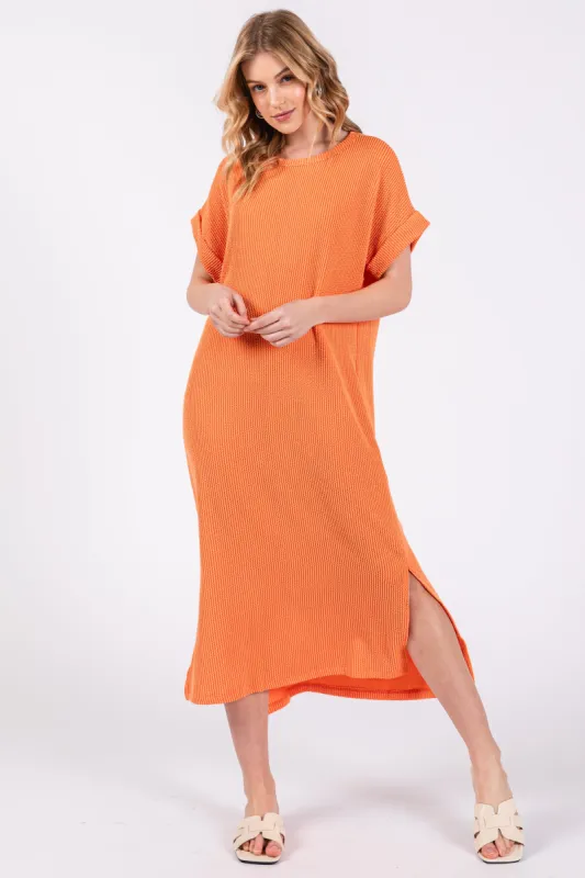 Orange Ribbed Short Sleeve Midi Dress made by Pinkblush