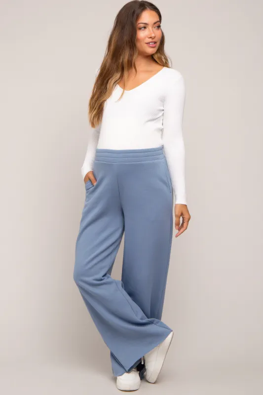 Blue Soft Wide Leg Side Slit Maternity Sweatpants sold by Pinkblush