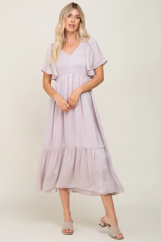 Grey Lavender Satin Smocked Midi Dress sold by Pinkblush