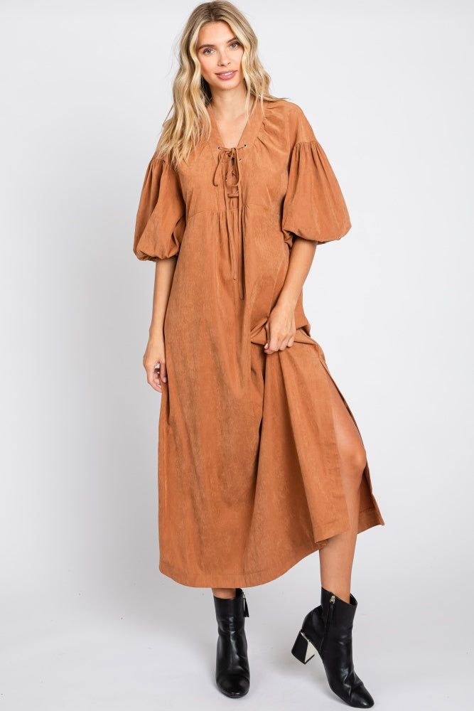 Rust Lace Up 3/4 Sleeve Side Slit Maxi Dress sold by Pinkblush